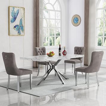 5 Piece Faux Marble Dining Table Set for 4, 70in Rectangular Kitchen Table Set with 4 Beige Grey Chairs, Modern White Marble Dining Room Table Table Set 4 with Silver Stainless Steel Base