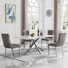 5 Piece Faux Marble Dining Table Set for 4, 70in Rectangular Kitchen Table Set with 4 Beige Grey Chairs, Modern White Marble Dining Room Table Table Set 4 with Silver Stainless Steel Base
