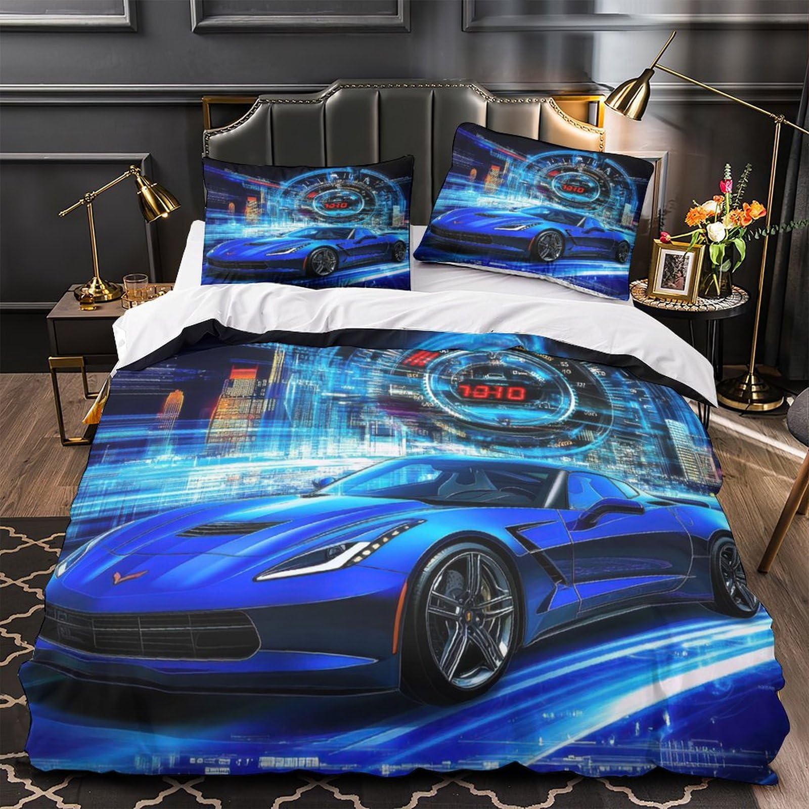 Housse de couette voiture bleue en microfibre 3D premium style de race 260x220