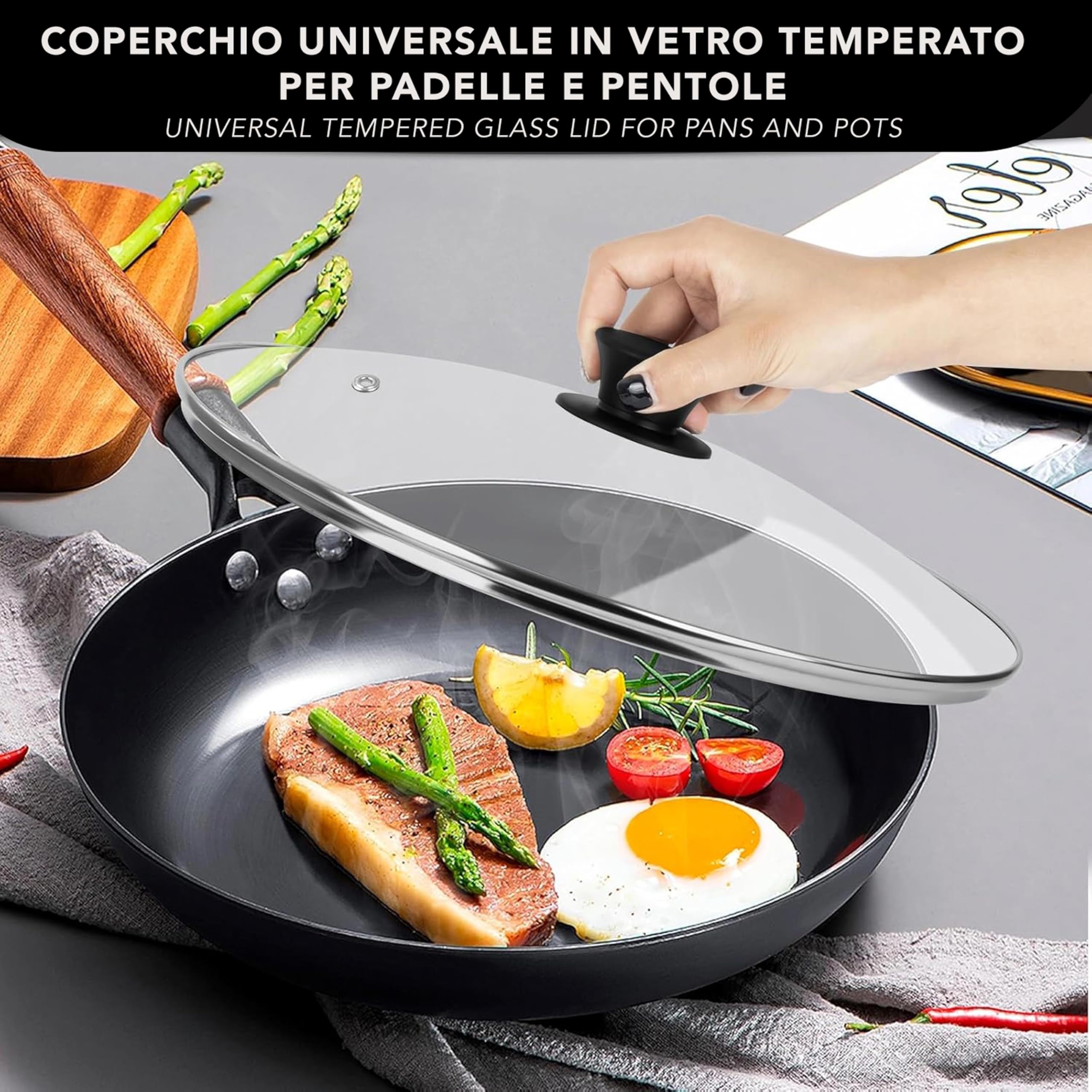 IPEA Coperchio per Padella o Pentola in Vetro Temperato - 18/20 / 22/24 / 26/28 / 30/32 cm - Trasparente Rotondo Universale con Pomello per Pentole e Cucina - Lavabile Lavastoviglie - 28 CM