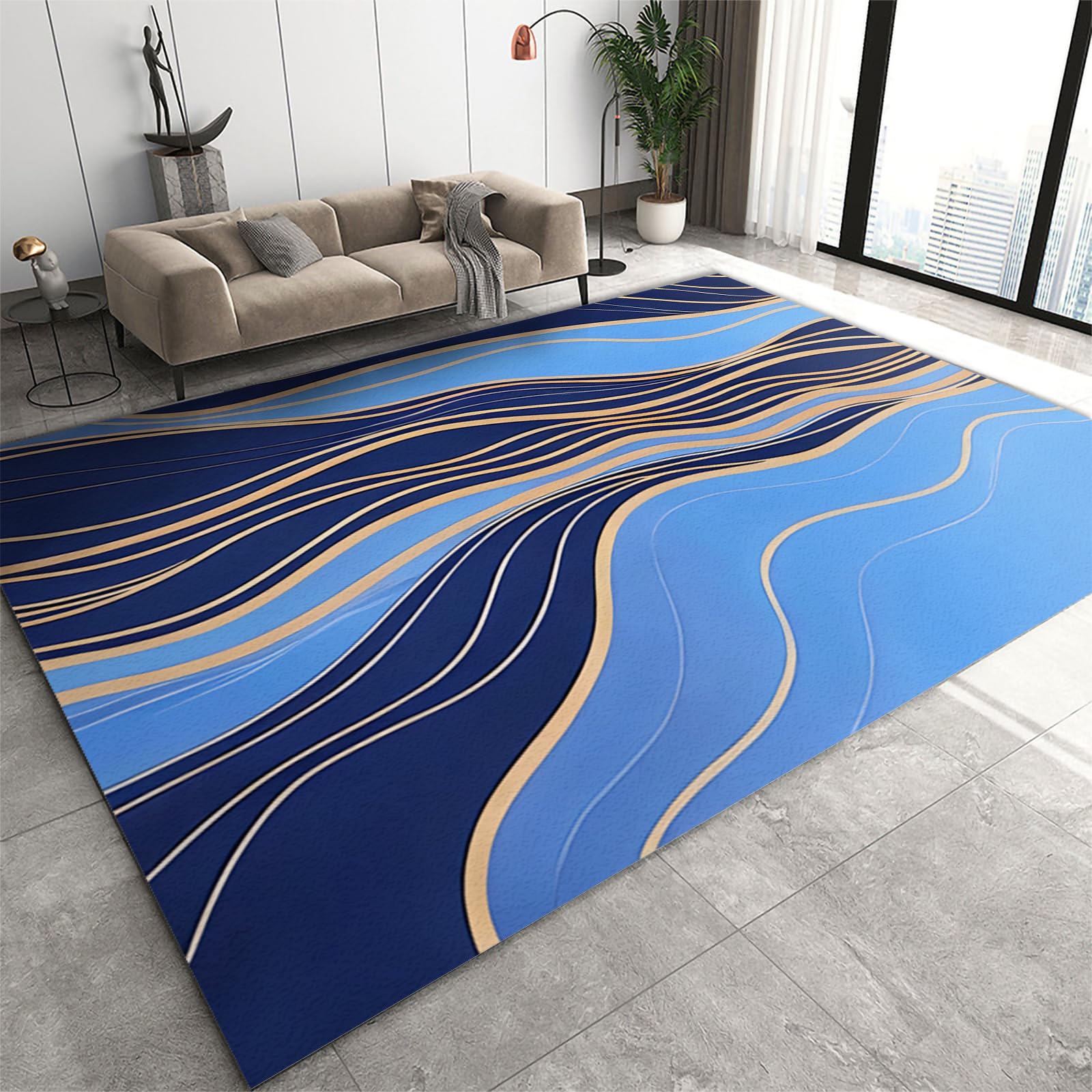 Tapis bleu marine et doré abstrait lavable pour sublimer votre décoration de salon
