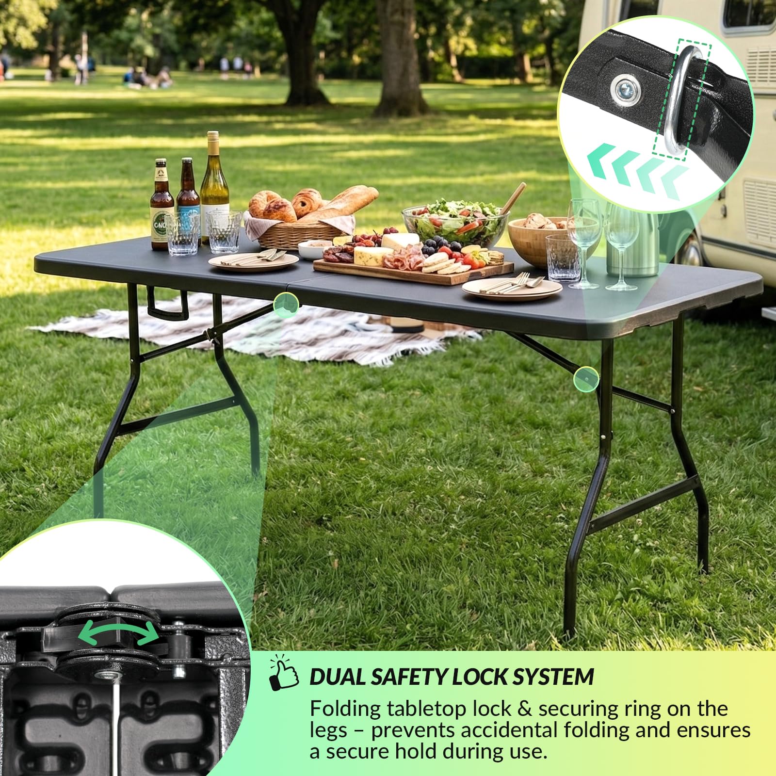 Velway Tavolo Pieghevole da Esterno 180x75x73cm - Portatile Tavolo Pieghevole Campeggio per 6-8 Persone con Maniglia e Blocco di Sicurezza Salvaspazio per Giardino, Feste Buffet, Mercatini - Nero