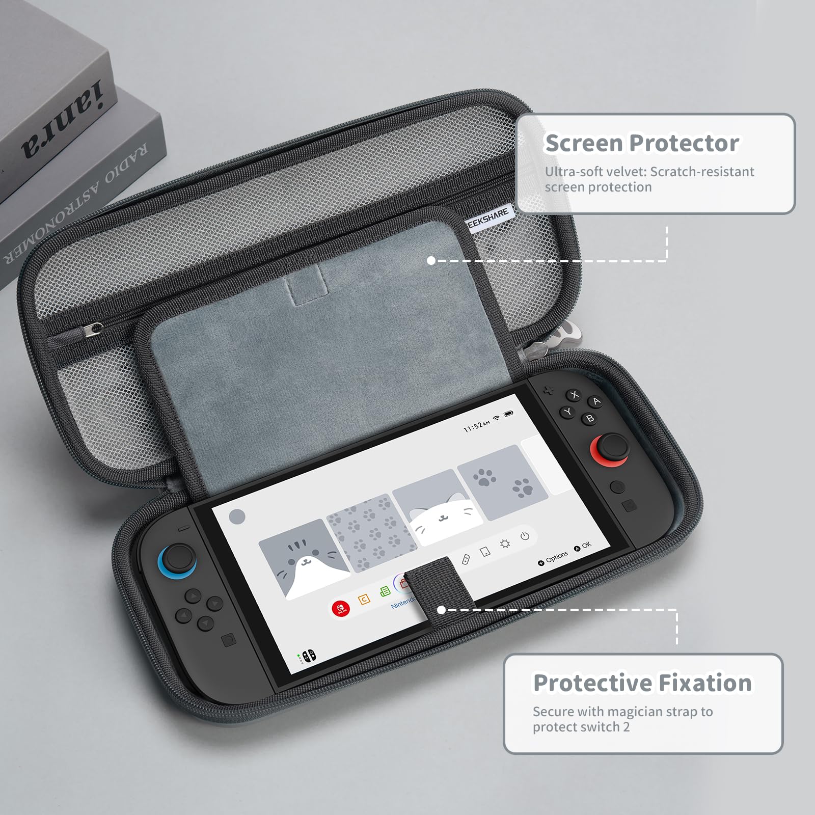 GeekShare Taschen mit Großem Fassungsvermögen für Switch 2 (2025), Harte Tragetasche Hülle, Schutzhülle mit Aufbewahrung für Spiele, Konsole & Zubehör (Katzenohren (Grau)) - 3