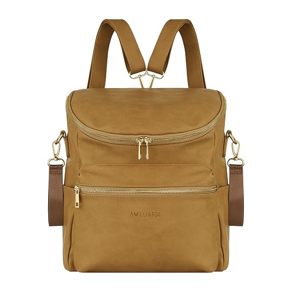 AMILLIARDI Diaper Bag Backpack - 2 INSULATED Bottle Holders - Detachable Stroller Straps - Caramel Vegan Leather - Small, Vegan Leather Caramel Small