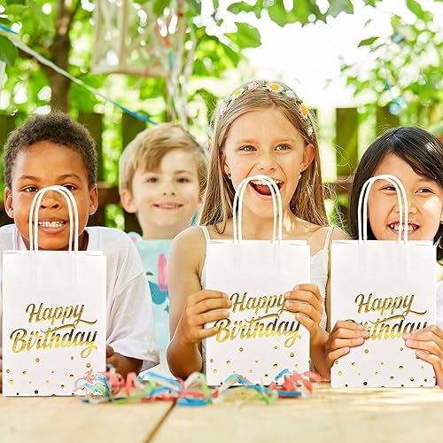 Miniatura 5 de Locmeo 50 bolsas de regalo de cumpleaños de papel de aluminio dorado con asas, bolsas de papel de lunares de lámina dorada a granel para niños y
