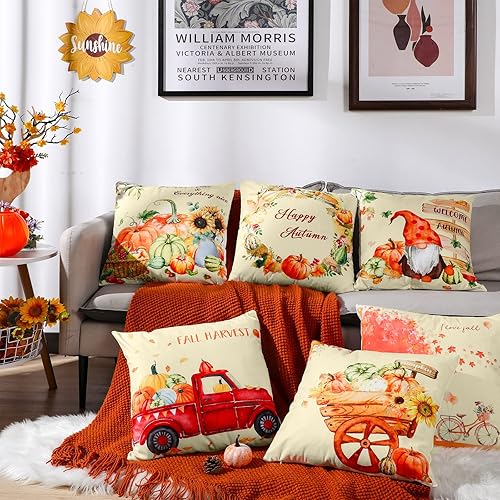Miniatura 4 de Paquete de 6 fundas de almohada de otoño de 18 x 18 pulgadas, fundas de almohada de cosecha de calabaza, hojas de arce, calabaza, bicicleta, camión,