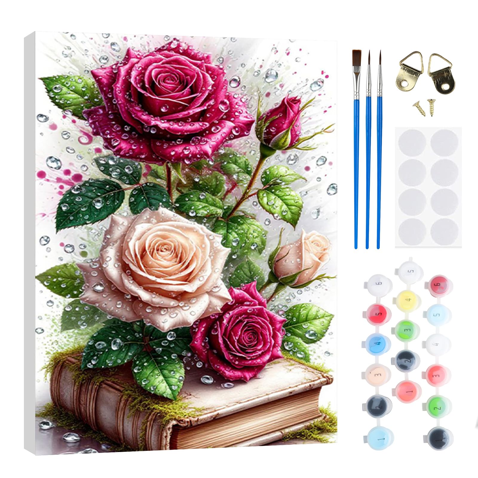 RICUVED DIY Flower Rose Paint by Numbers for Adults -Book Canvas Oil Painting Kits,Craft Art Painting with Wooden Frame Kit Acrylic Pigment Drawing Paintwork for Gift Home 20x30cm
