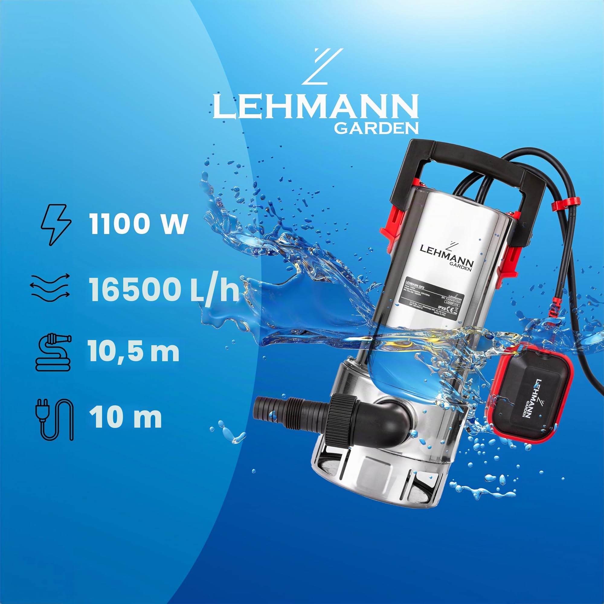 LEHMANN Pompa Sommersa con Galleggiante Integrato per Acqua Sporca e Pulita, 1100 W, con Motore a Induzione Brushless, Portata 16500 l/h, Altezza di Mandata 10,5 m, Diametro 35 mm