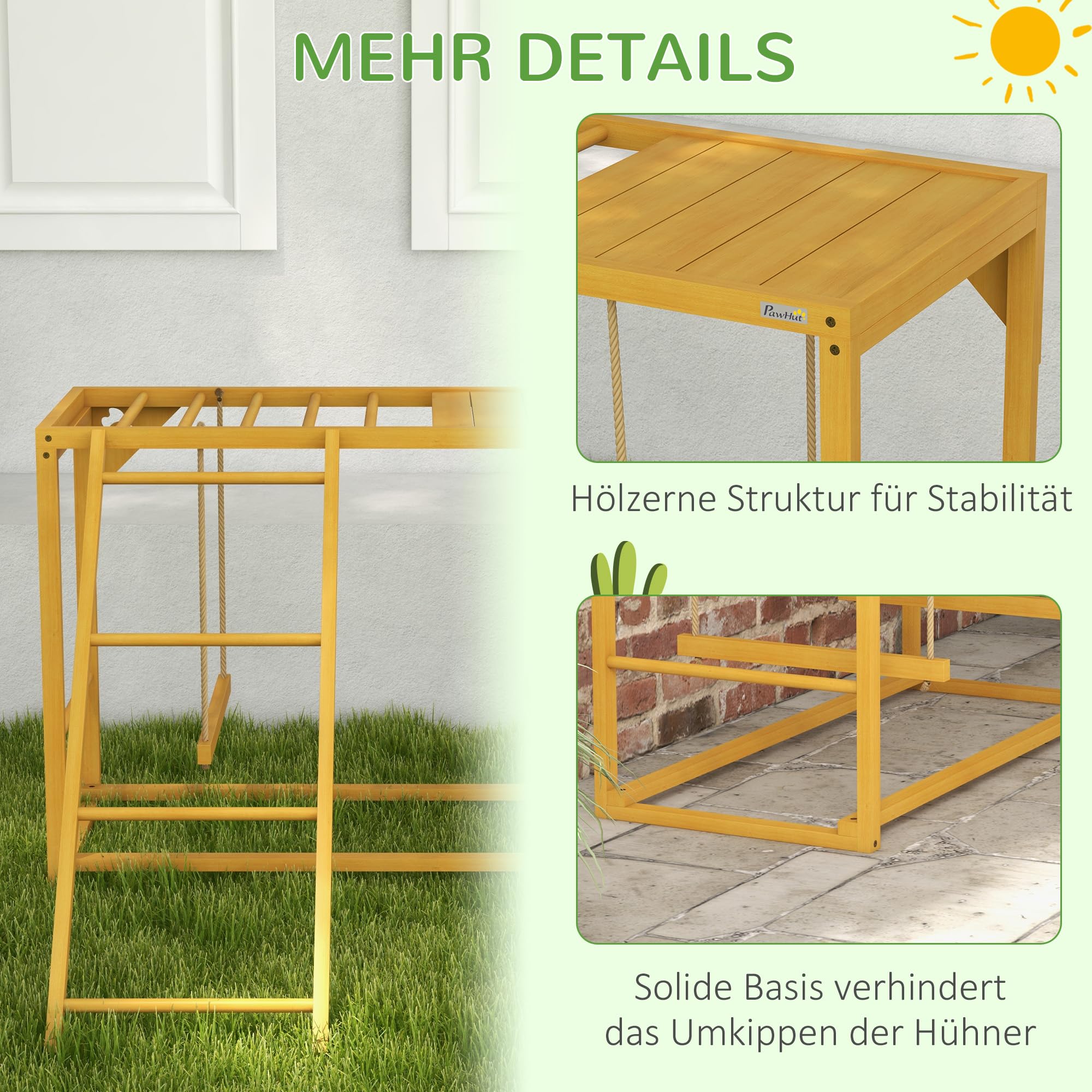 PawHut Hühner-Spielgerüst aus Holz, Spielplatz mit Schaukeln Leiter Plattform Sitzstange Klettergerüst Sitzstangen für Hühner, Hühnerstall für 3-4 Hühner Naturholz