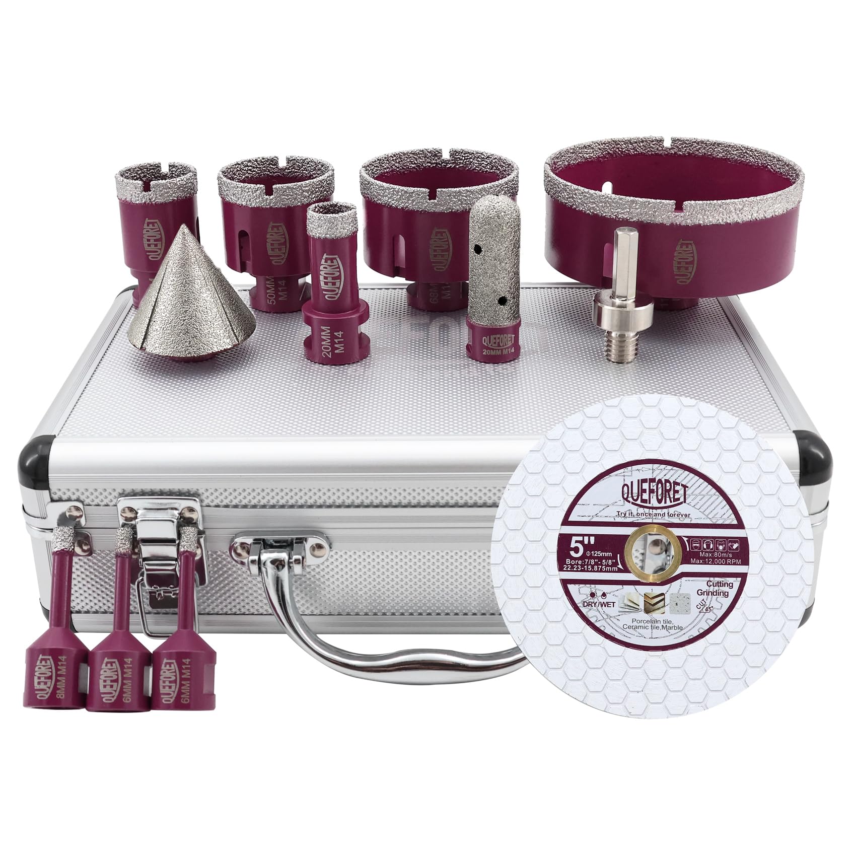QUEFORET Diamant Fliesenbohrer Set 12 Stücke - 6/6/8/20/35/50/68/110mm x M14 Bohrkronen, 20mm Fingerfräser, 50mm Fasenfräser, Adapter, 125mm Schleifscheibe für Fliesen Keramik Porzellan Marmor Granit