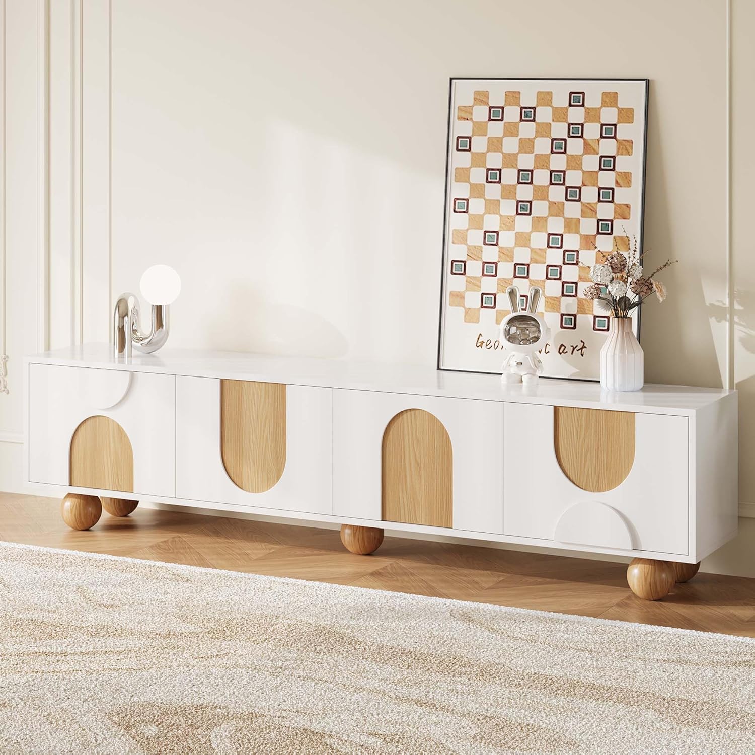 78.74" Modern Cute Wooden TV Stand, Wood TV Cabinet with Solid Wood Spherical Legs and Hidden Storage, Stylish Entertainment Center, TV Console for Living Room/Bedroom