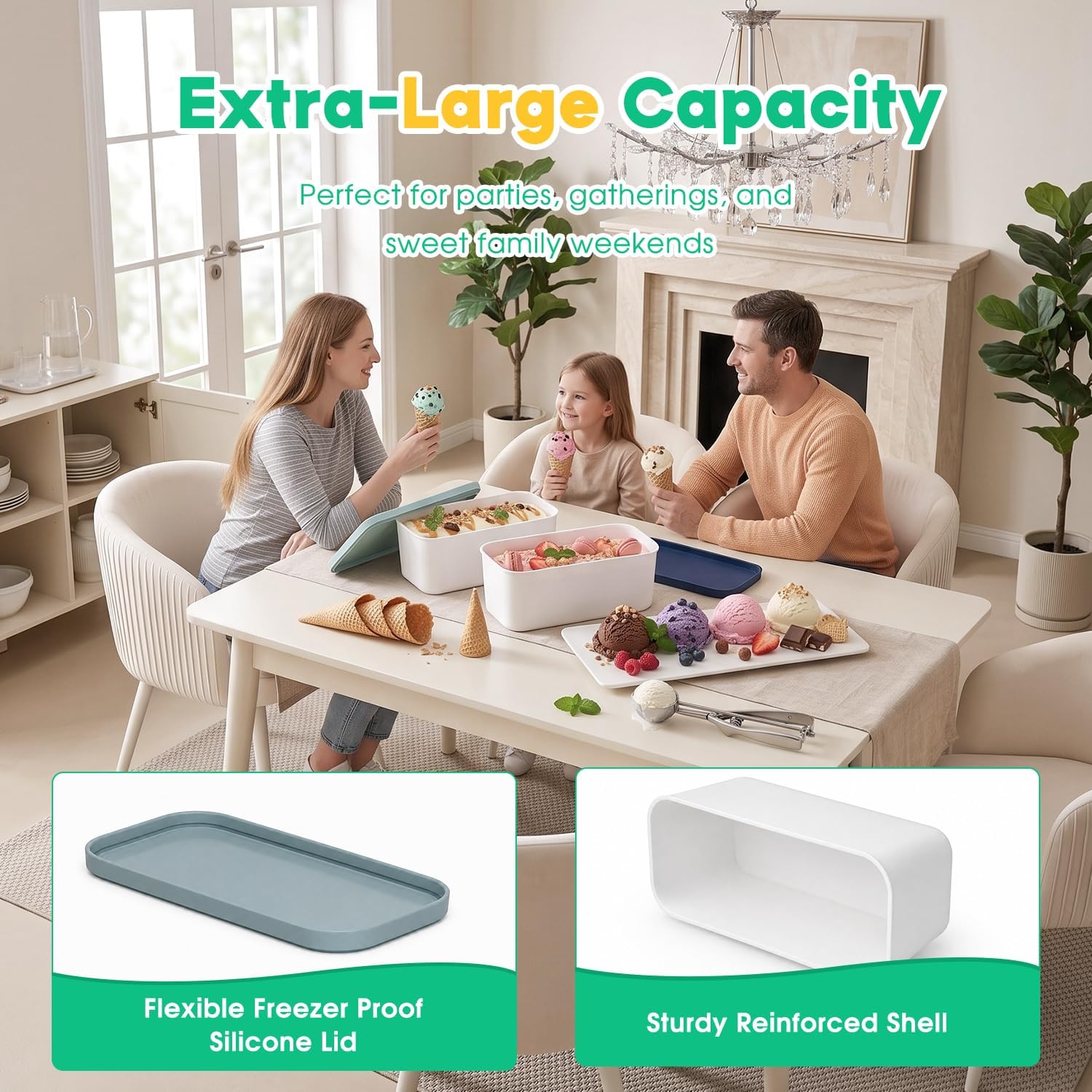 Ice Cream Containers with Lids - 2 Quart Ea. (Set Of 2) , Reusable Ice Cream Storage Containers for Homemade Ice Cream, Ice Cream Tub with Ice Box and Portable Insulated Bag for Camping & Travel