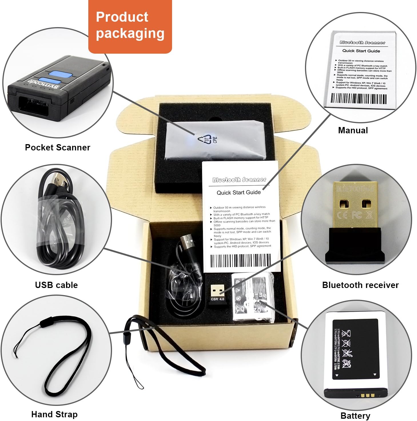 Symcode Barcode Scanner Product Packaging Contents