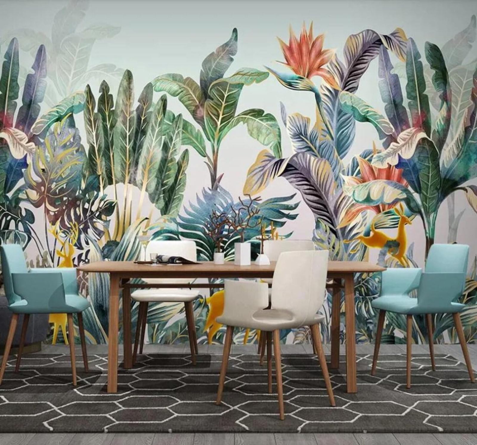 Tzxztt 200Cm×140Cm(B×H) Hand Drawn Fresh Tropical Plants Reindeer Modern 3D Wallpaper Premium Textured Silk Neutral Tones Material Ideal For Living Room Bedroom-200Cm×140Cm