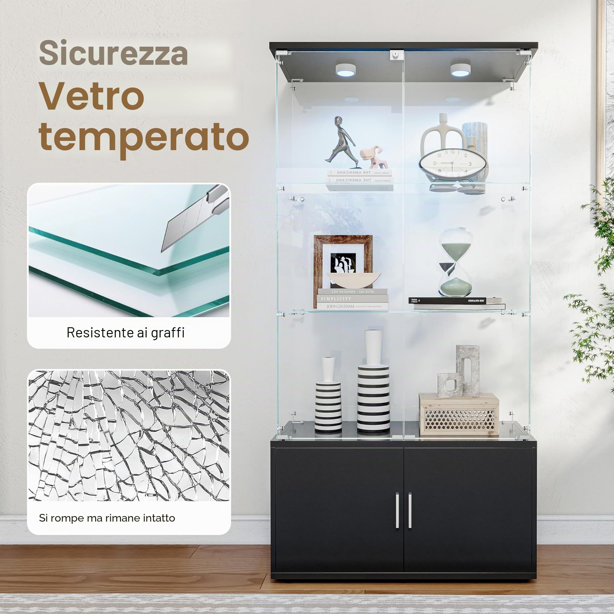 Vetrinetta in legno e vetro con illuminazione a LED, 4 ripiani e 2 ante con serratura, armadietto per esporre collezioni, libri e vini, nero (nero, 4 ante, 4 ripiani, con LED)