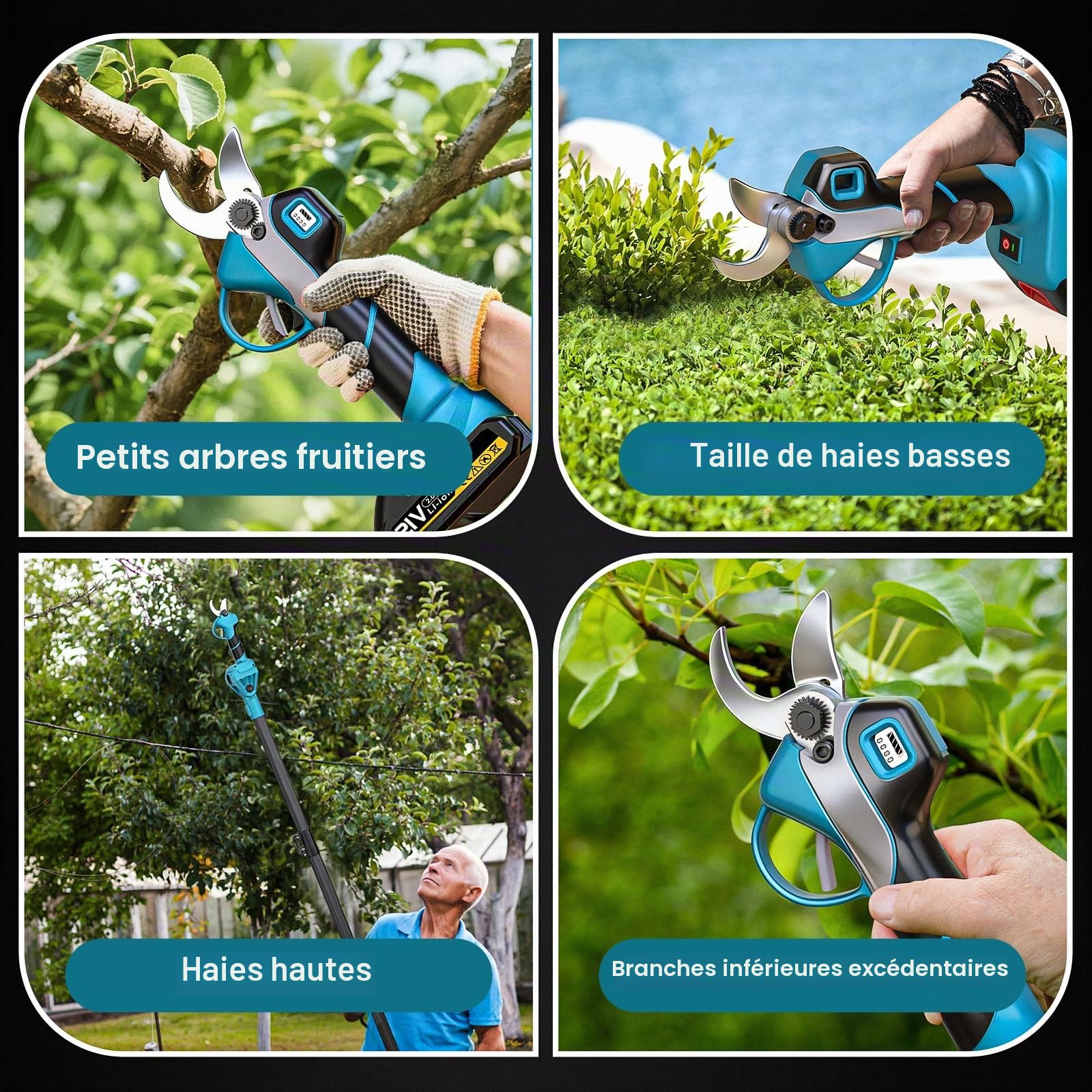 Sécateur Électrique Avec Perche, Moteur Brushless, Portée Totale 4,2 m, 2-en-1 Secateur Electrique Sans Fil avec 3 paires Lame SK5 et 2x2.0 Ah Batteries, pour Jardinage, Ferme, Arbres Fruitiers