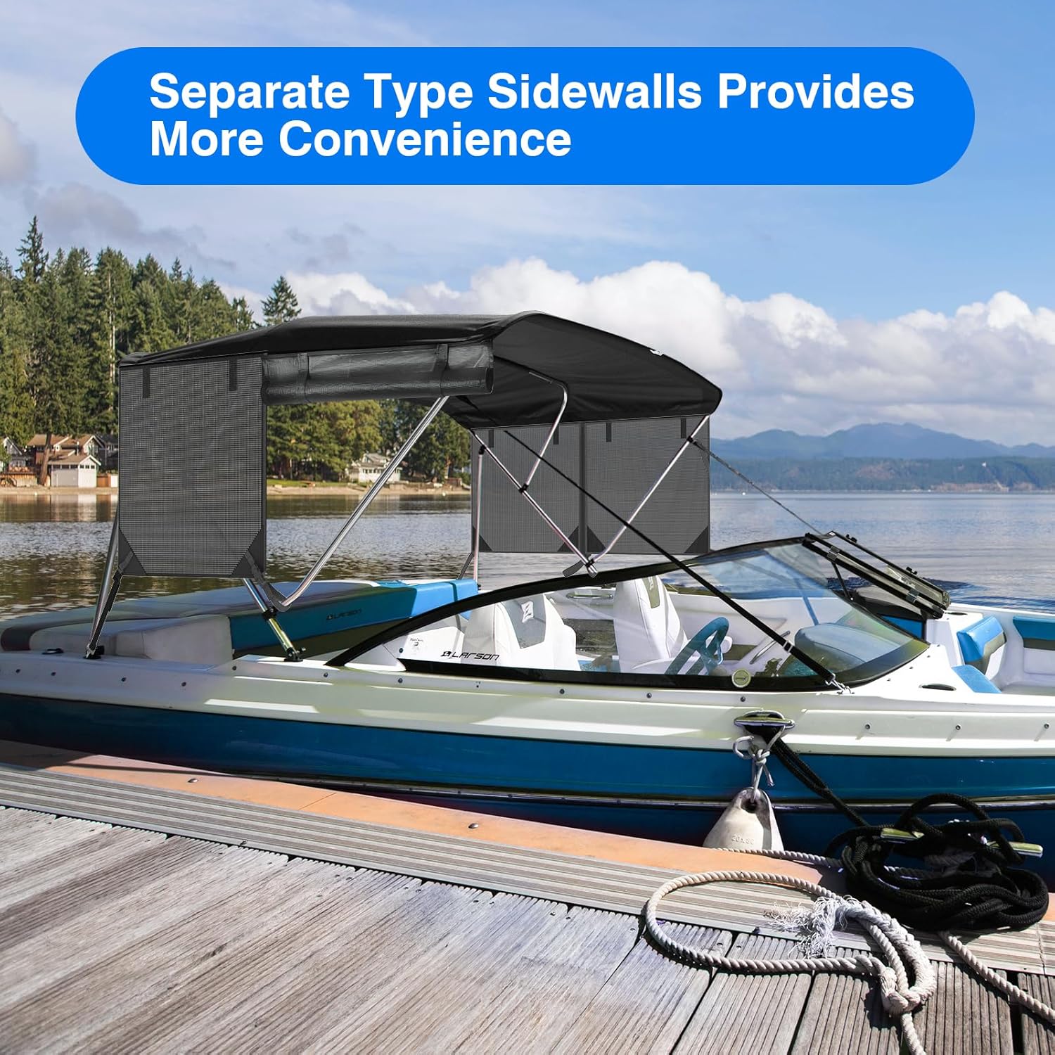 Leader Accessories 3 Bow 4 Bow Bimini Top Cover for Boat with Mesh Sidewalls Includes 4 Straps 2 Rear Support Poles Storage Boot 1" Aluminum Frame (Black, 4 Bow 73"-78" W)