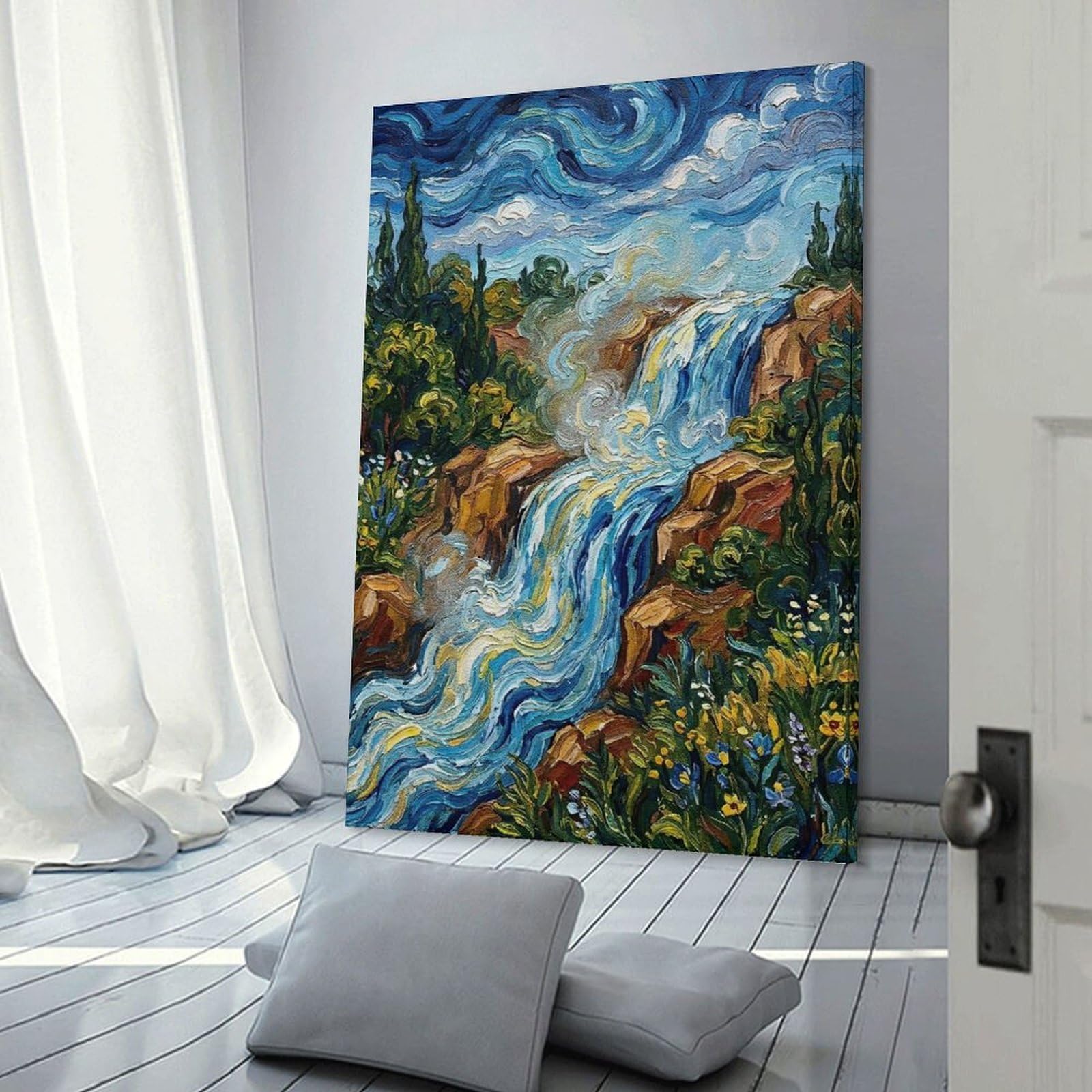 Junmoney Impressionistic Waterfall Landscape Painting Canvas Wall Decor 24x36inch(60x90cm), for Lounge, Study, Hallway Or Flat Walls, Canvas Wall Art That Fits Changing Layouts