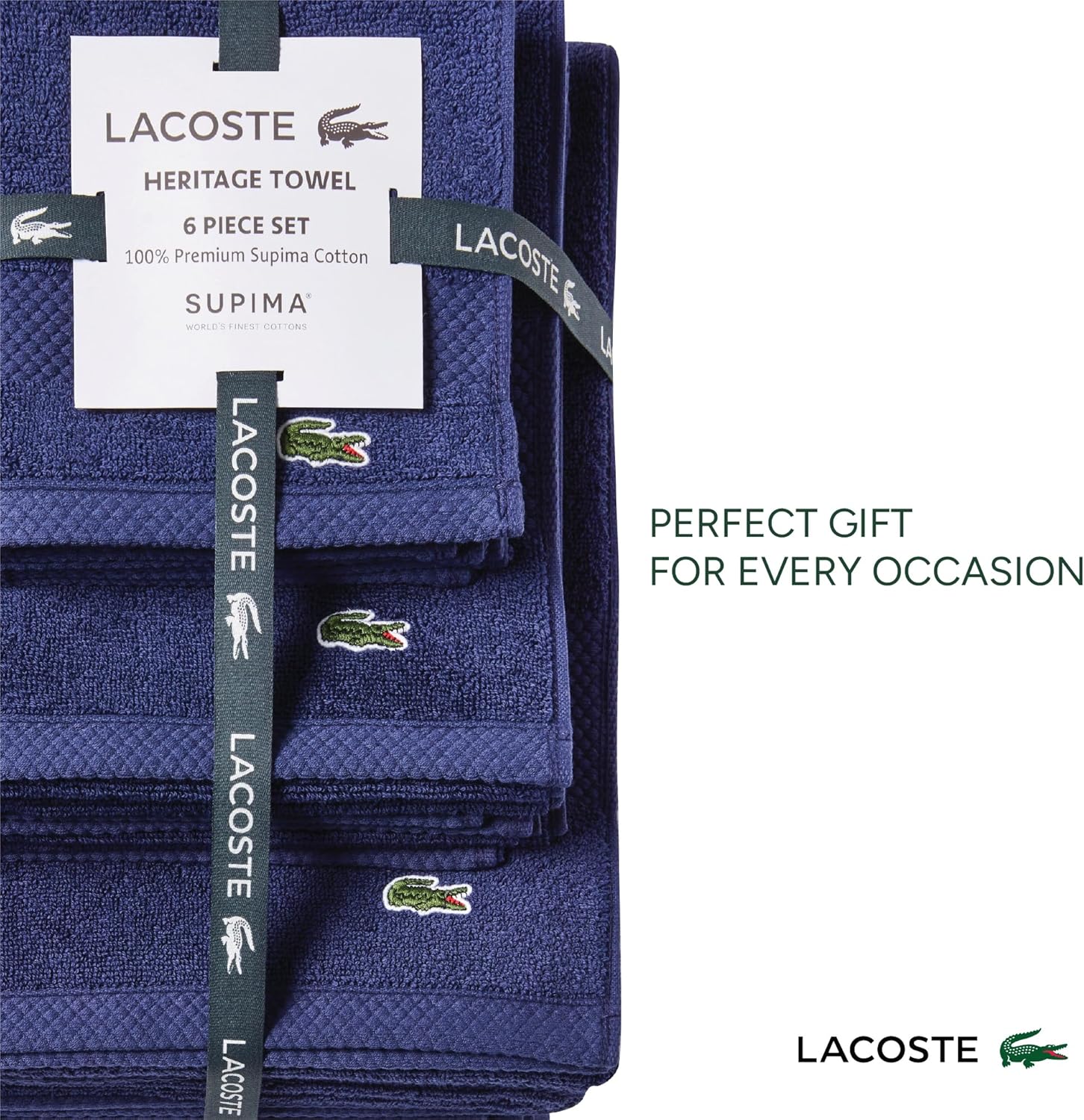 Lacoste Heritage Supima Cotton 6-Piece Towel Set, 2 Bath Towels, 2 Hand Towels, 2 Washcloths, Navy – Highly Absorbent & Quick Drying, Bathroom Essential, Machine Washable