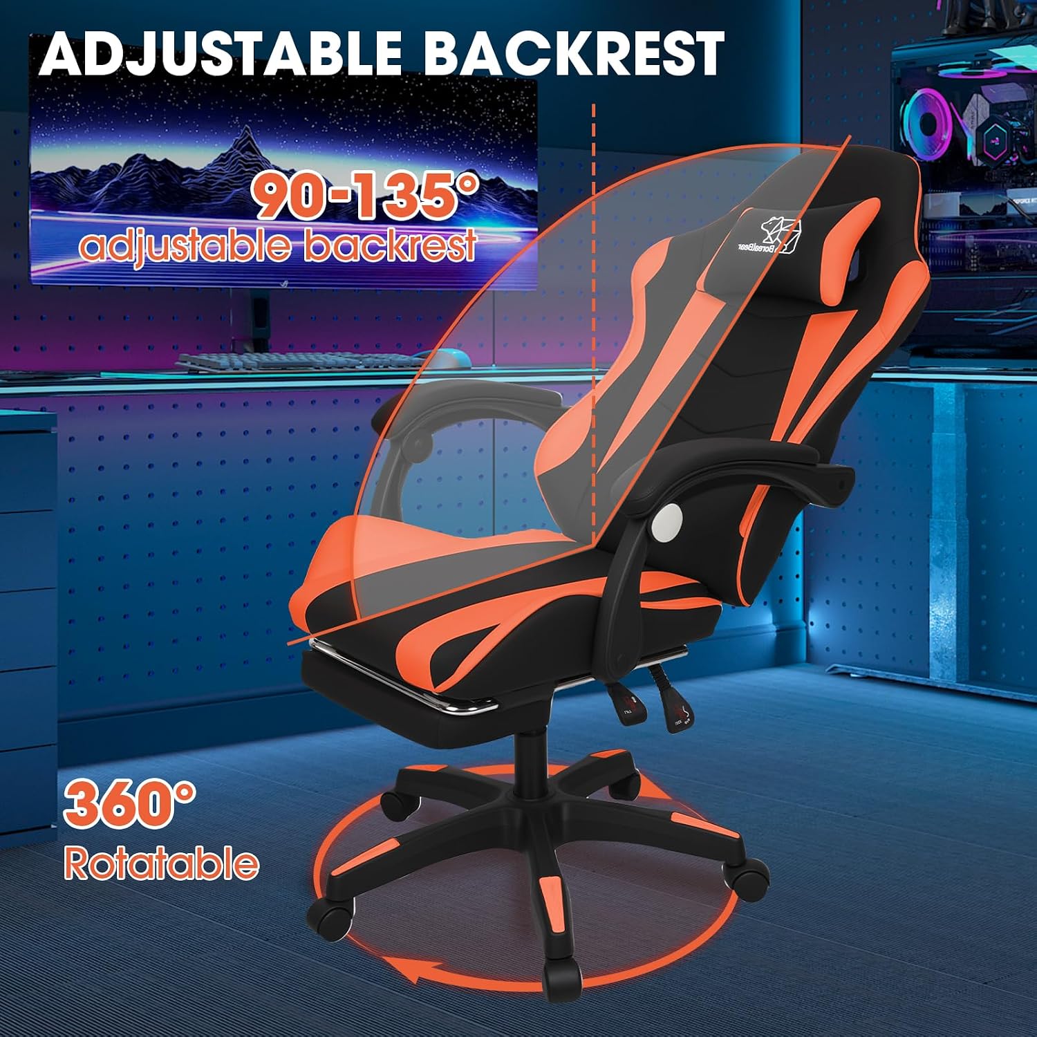 Gaming Chair Office Chair, Reclining High-Back PU Leather Computer Desk Chair with Headrest and Lumbar Support, suitable for gaming chairs, office storage, office shelving, and more（Orange）