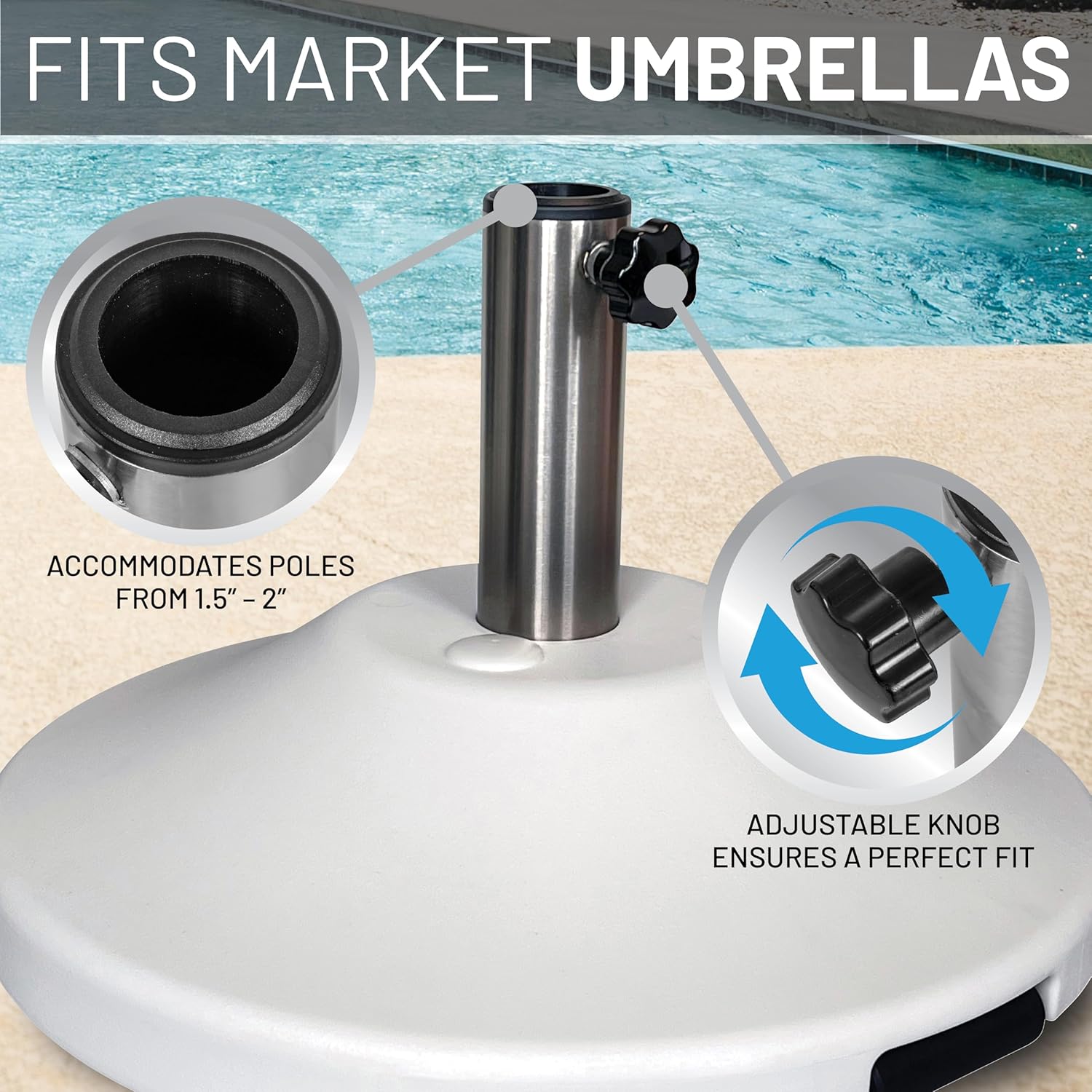 US Weight Premium 50 Pound Prefilled Umbrella Base for Patio Table - Heavy Duty Adjustable Umbrella Stand with Stainless Steel Stem for Outdoor Patio Umbrellas - Made in The USA - White