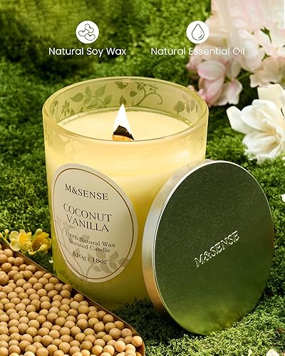 Miniatura 4 de M&SENSE Vela perfumada de vainilla de coco, velas de mecha de madera con tapa, 100 horas de larga combustión, sin toxinas, cera de soja natural, 18
