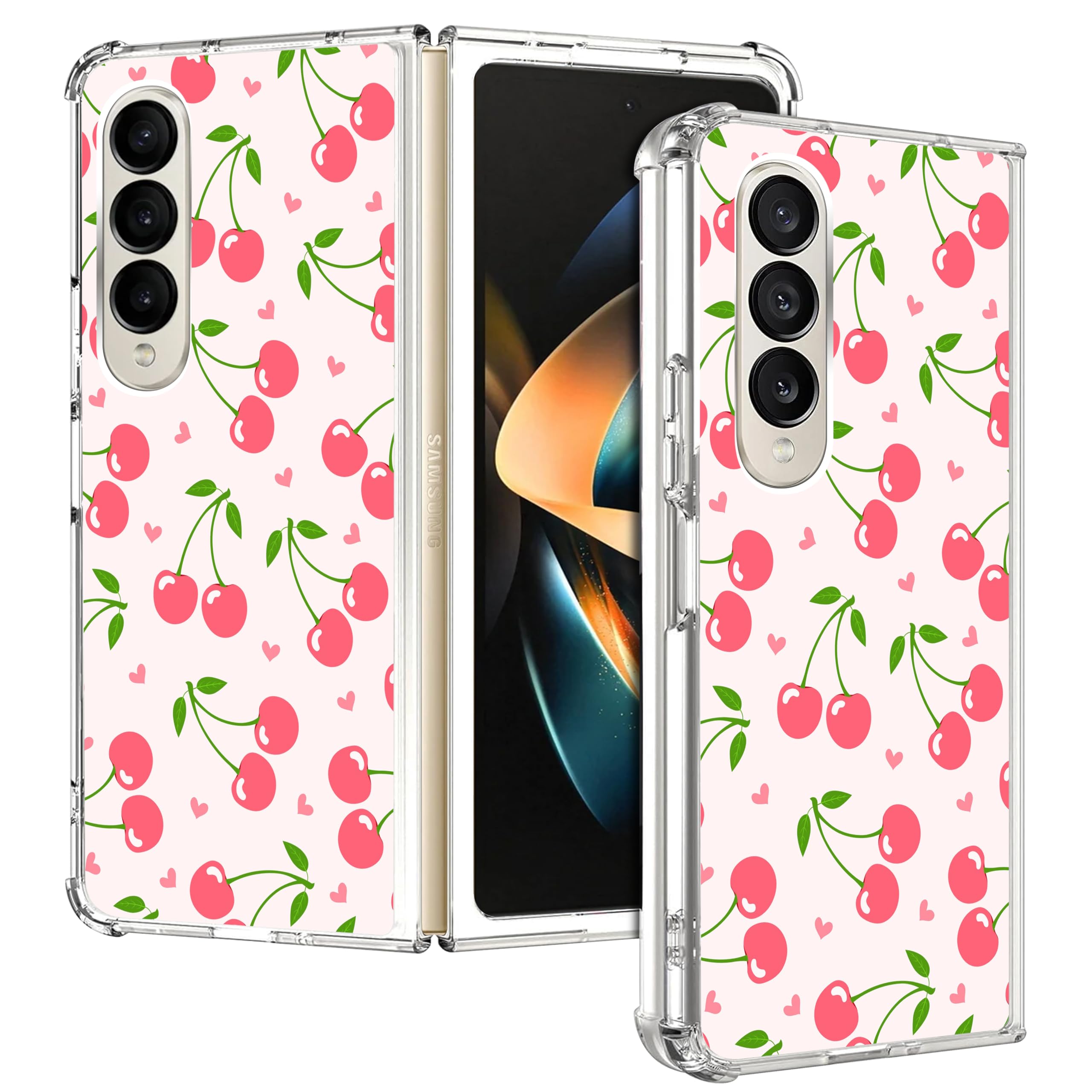 SuzaCase Clear Case for Samsung Galaxy Z Fold 4 - Samsung Z Fold 4 Case with Stylish Cherry Pink Pattern Printed Durable Clear Shockproof Back Case/
