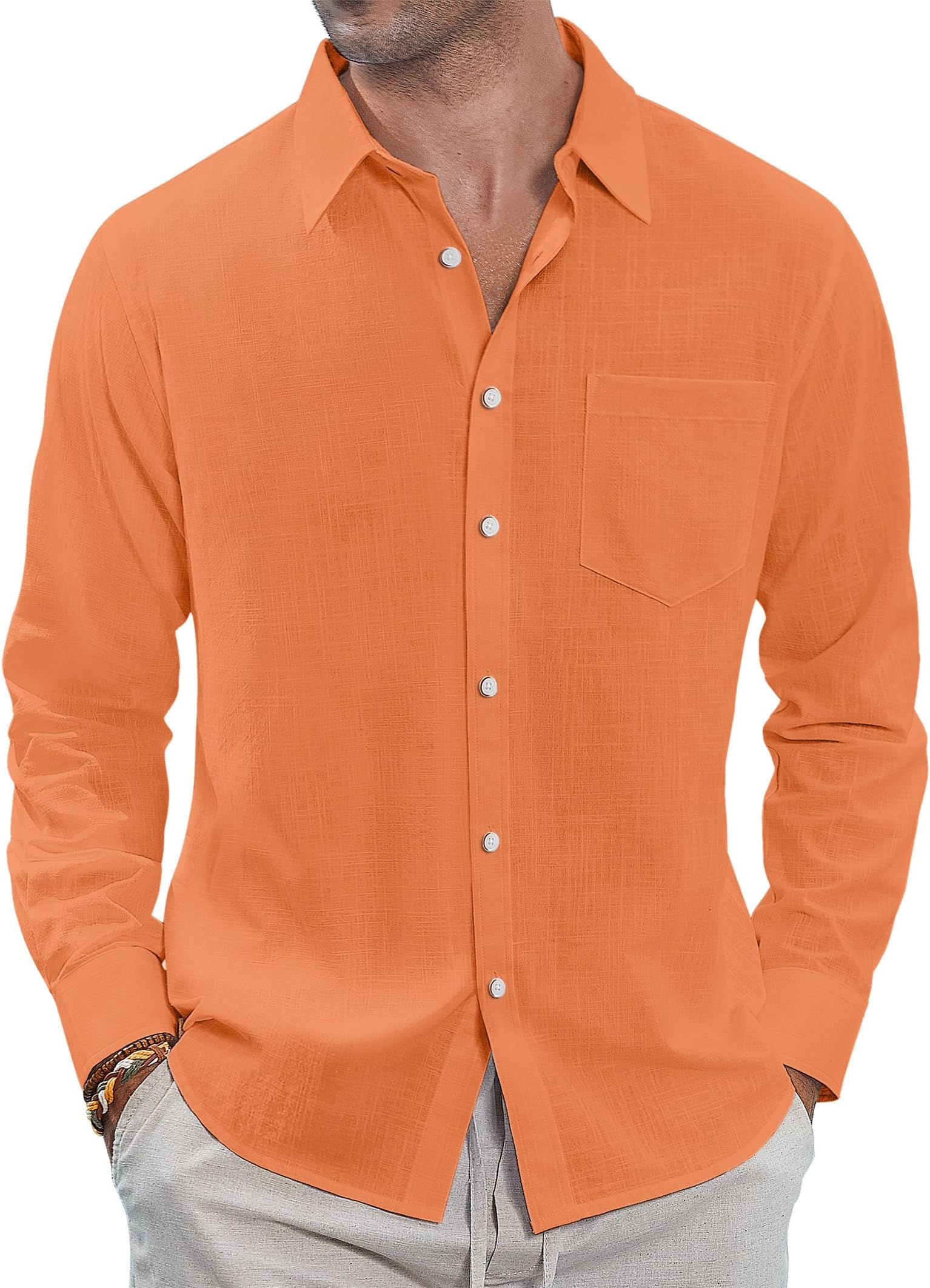 Men's Linen Shirts Casual Button Down Long Sleeve Shirt Solid Spread Collar Summer Beach Shirts with Pocket