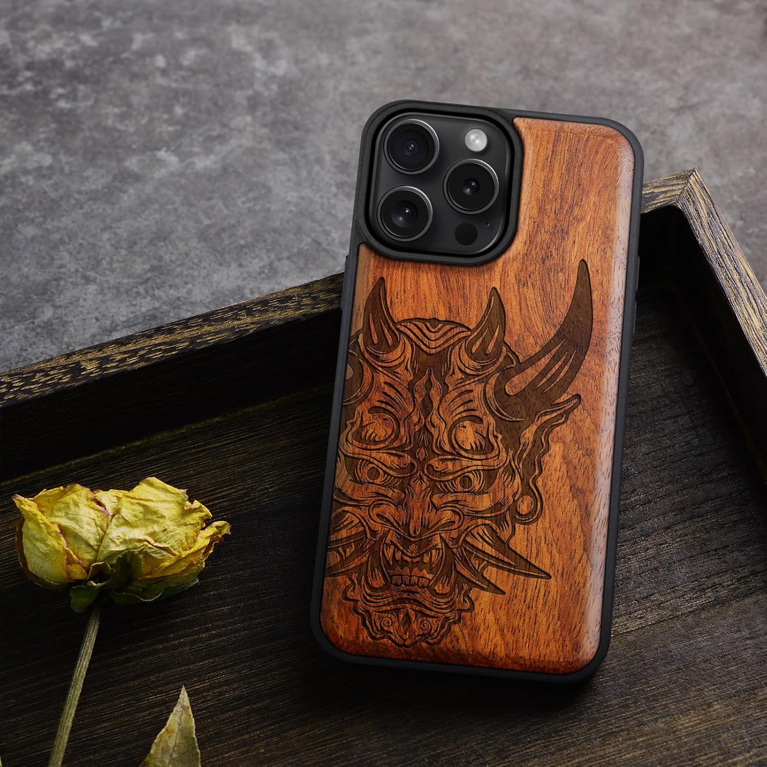 Carveit Magnetic Wooden Case for iPhone 16 Pro Case, Wood Artisan Engraved & Black Soft TPU Shockproof Cover, Compatible with MagSafe Wireless Chargers (Japanese Oni Mask) Rosy