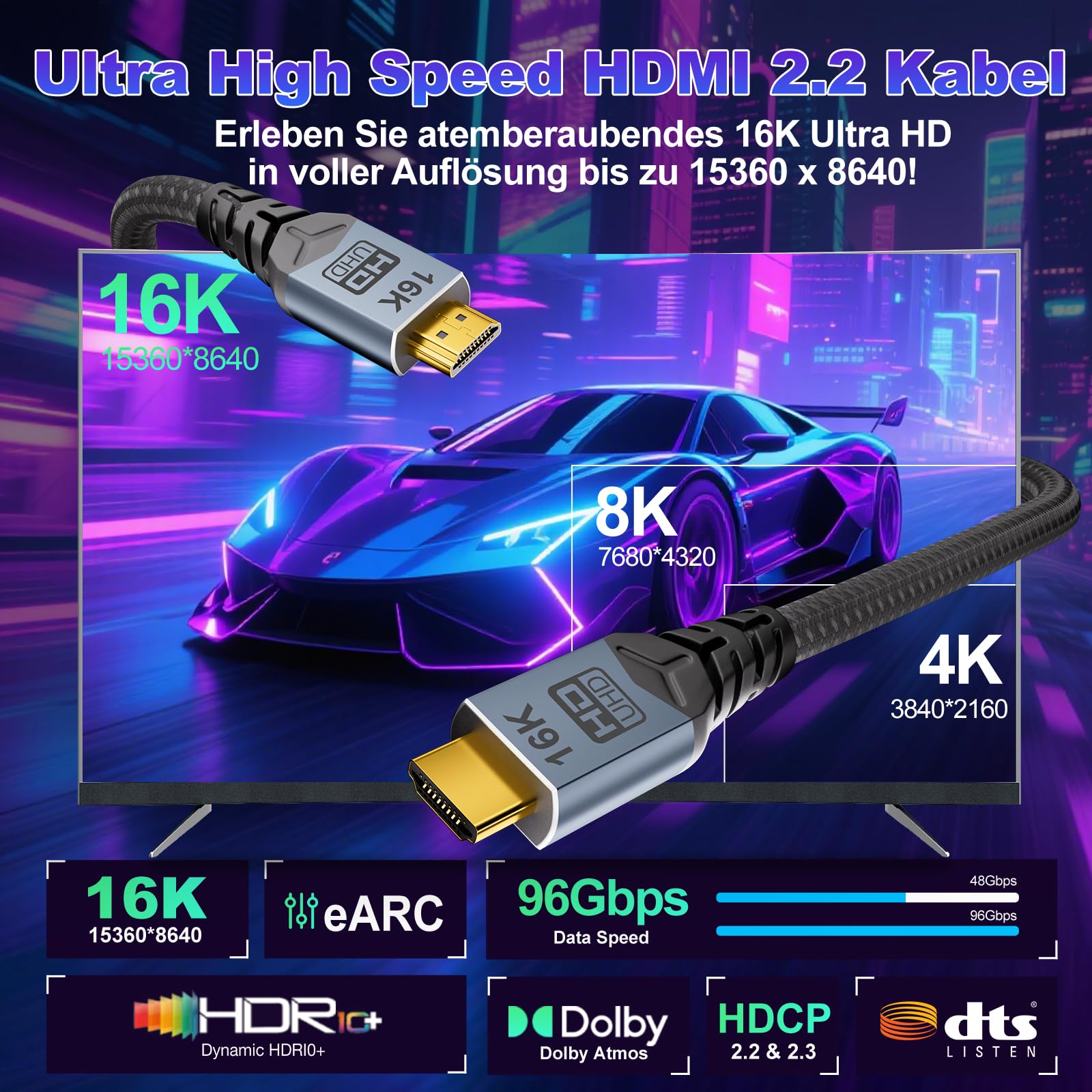[2Stück hdmi kabel 3meter,16K HDMI 2.2 Kabel, 96Gbit/s High Speed HDMI Kabel, 16K@60Hz 8K@240Hz 4K@480Hz HDMI 2.1 Kabel, kompatibel mit,HDCP 2.2/2.3 für PS5/4, Fire TV, Laptop, PC