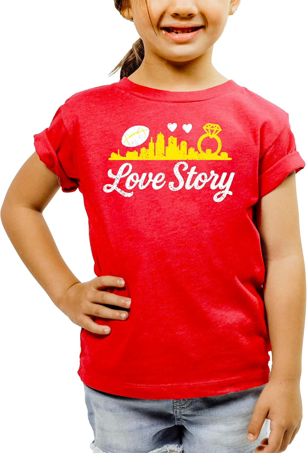 Love Story Sports T-Shirt for Women, Teens & Youth Red and Gold Football Game Day Tee