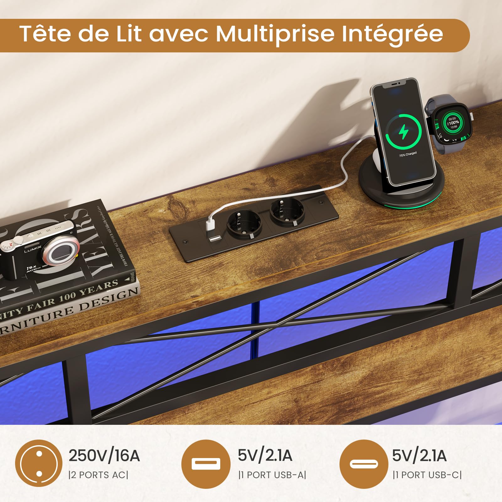 DICTAC Lit 160x200 avec Multiprise et Éclairage LED, Lit 2 Personnes avec Tête de Lit Rangement, Cadre de lit 160x200 en métal, Marron Vintage- Montage Facile