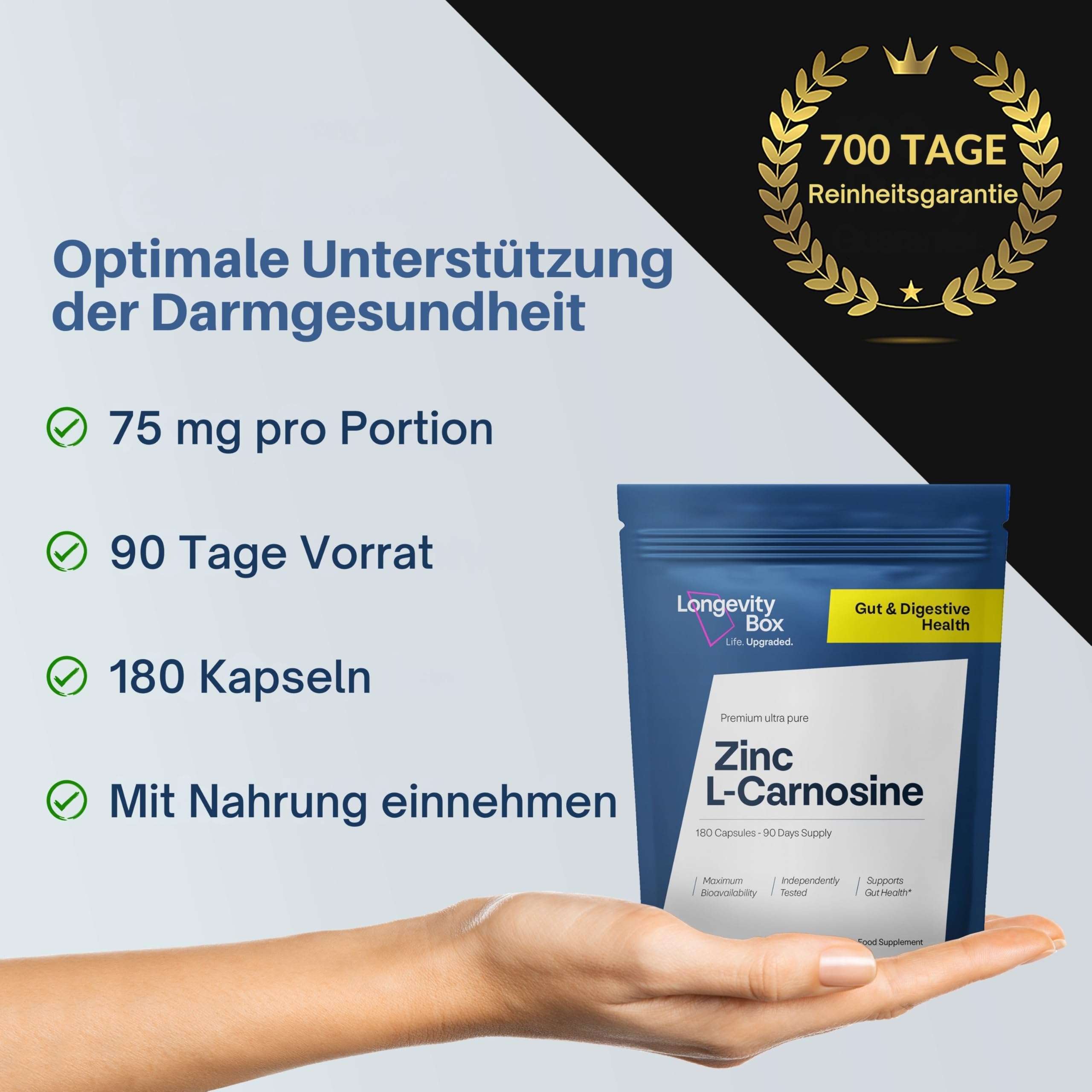 Zink-L-Carnosin 180 Kapseln 75 mg – Magen-Darm-Komplex, Magenschutz & Nährstoffaufnahme, 3 Monate, 98 % rein, Laborgeprüft, Vegan