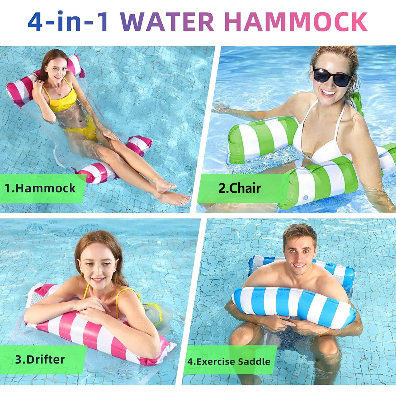 WUBAYI 2 Pack Pool Inflatable Water Hammock,Swimming Pool Floats 4 In 1 Floating Chair For Adults Kids Lounge Chair,Blue&Pink - Image 4