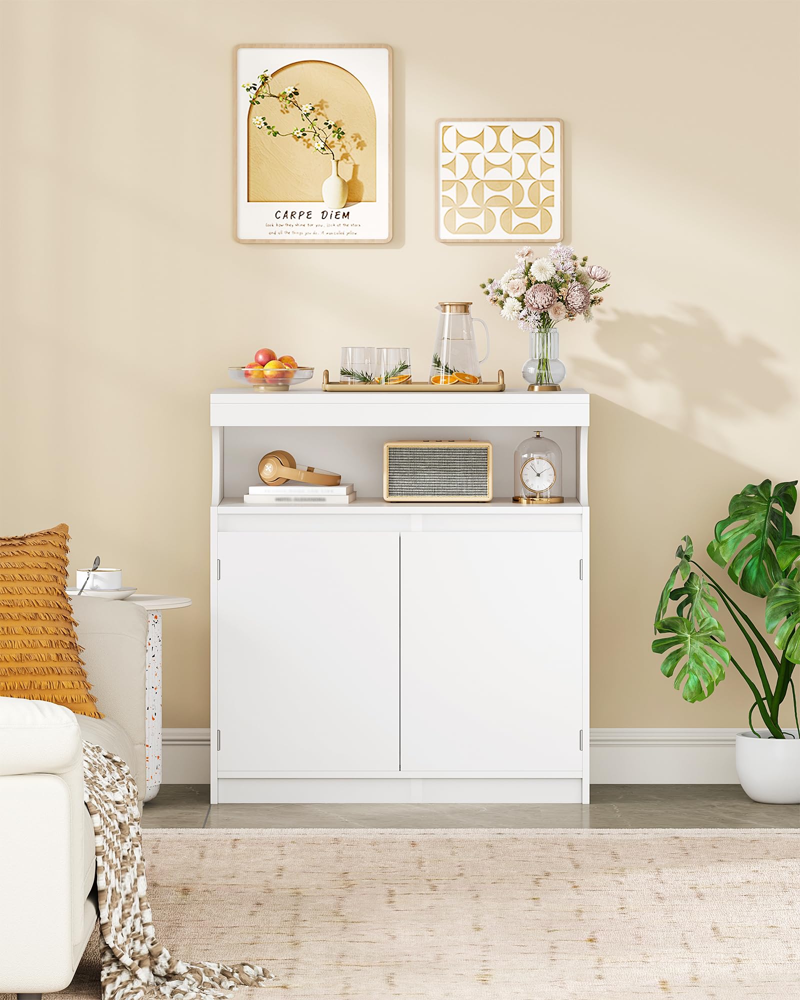 Hzuaneri Meuble Cuisine, Buffet à 2 Portes, Meuble de Rangement avec Espace Ouvert, Commode, Style Moderne, Étagères Réglables, Adapté à la Cuisine ou au Salon, 40 x 80 x 85 cm, Blanc SC80003X | Section de buffet ouverte, étagères réglables, armoire de ra