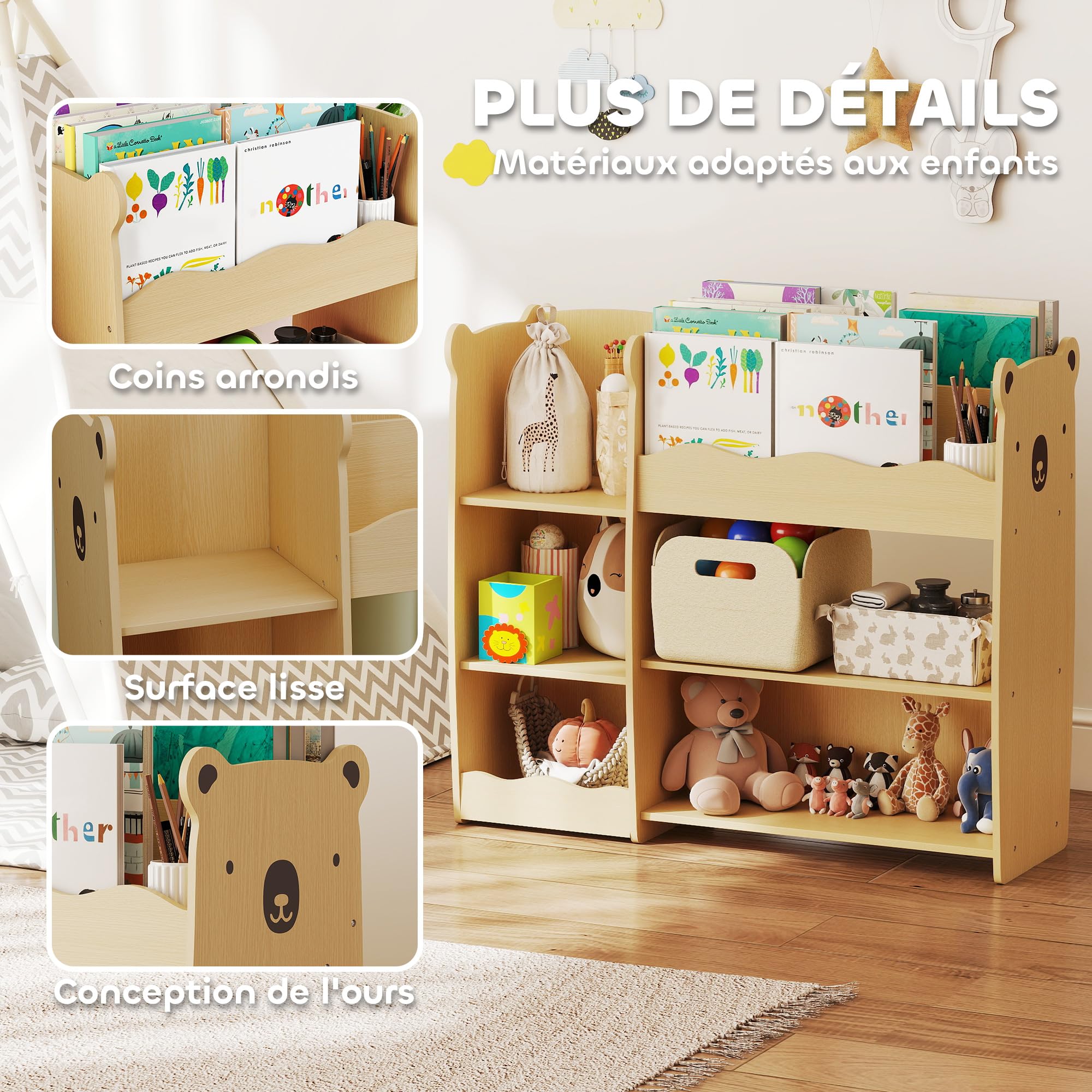 AIYAPLAY Meuble Rangement Enfant à 3 Niveaux, étagère de Rangement pour Jouets Enfants avec étagères Ouvertes, pour Chambre, crèche, Salle de Jeux, Bois Naturel