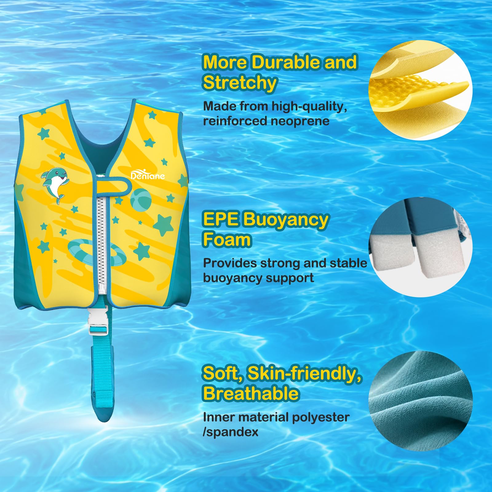 Giubbotto da nuoto per bambini in neoprene, 2 ai 6 anni costume da bagno per ragazzi e ragazze, costume da bagno per l'allenamento al nuoto con cinghie di sicurezza regolabili - Giallo(15-30 Chilo)