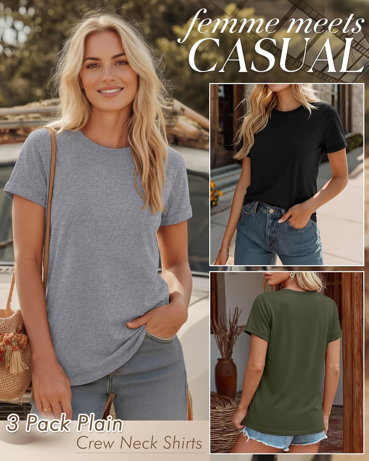 Huukeay 3 Pack Women's Cotton T Shirts Casual Short Sleeve Tunic Tops Crewneck Summer Loose Fit Plain Basic Tee - Image 4