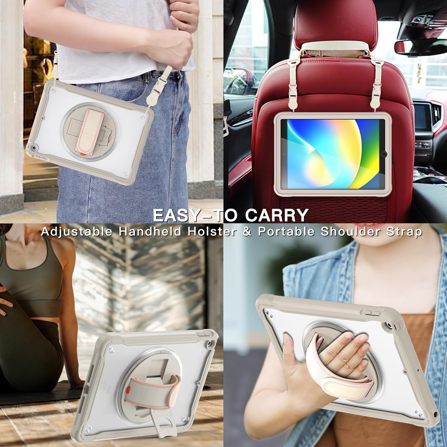 BRAECNstock for iPad 9th/ 8th/ 7th Generation Case 10.2" 2021/2020/2019,Shockproof Cover with 360° Rotating Hand Strap/Stand,Screen Protector,Carrying Shoulder Strap,Pencil Holder,(Khaki)