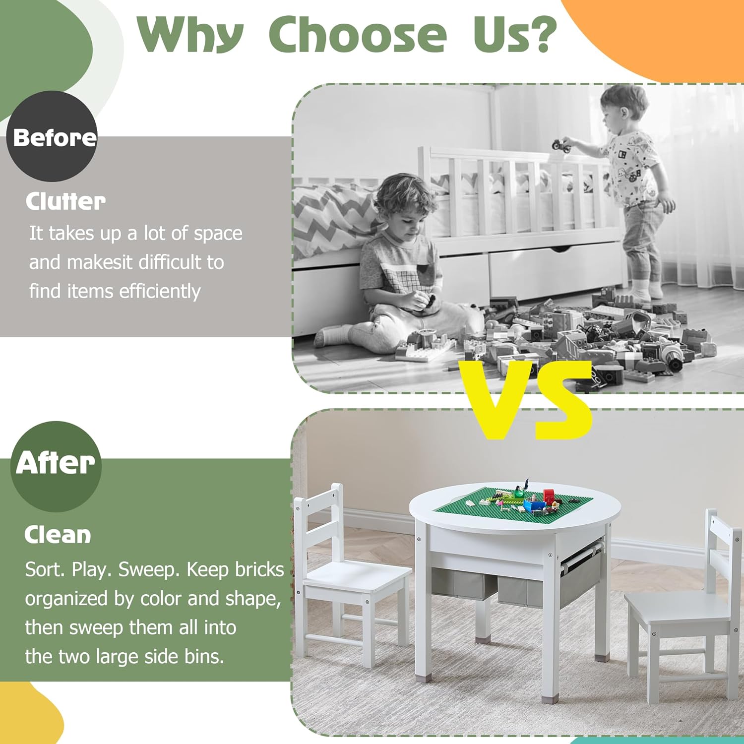 3 in 1 Kids Construction Play Table and Chairs Set with Storage Drawers, Kid Activity Table Built-in Baseplate Compatible with Lego & Duplo Bricks