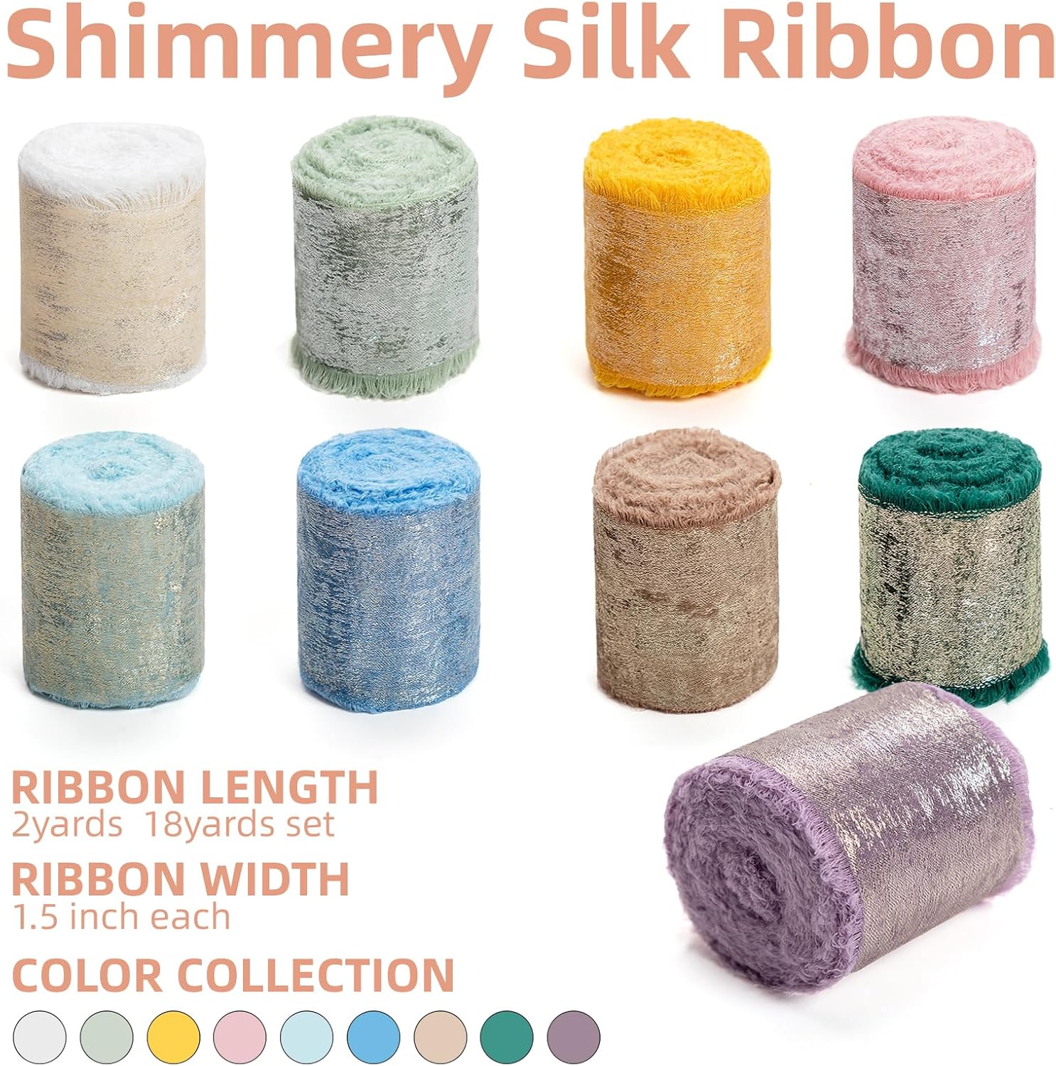 KEOSREE Multicolour Silk Chiffon Ribbon, 1.5" x 18 Yards (2Yards X 9 Rolls) | Frayed Shimmery Silk Ribbon for Bridal Flower Bouquet Christmas Gift Wrapping Wedding Decor Invitations Decorations
