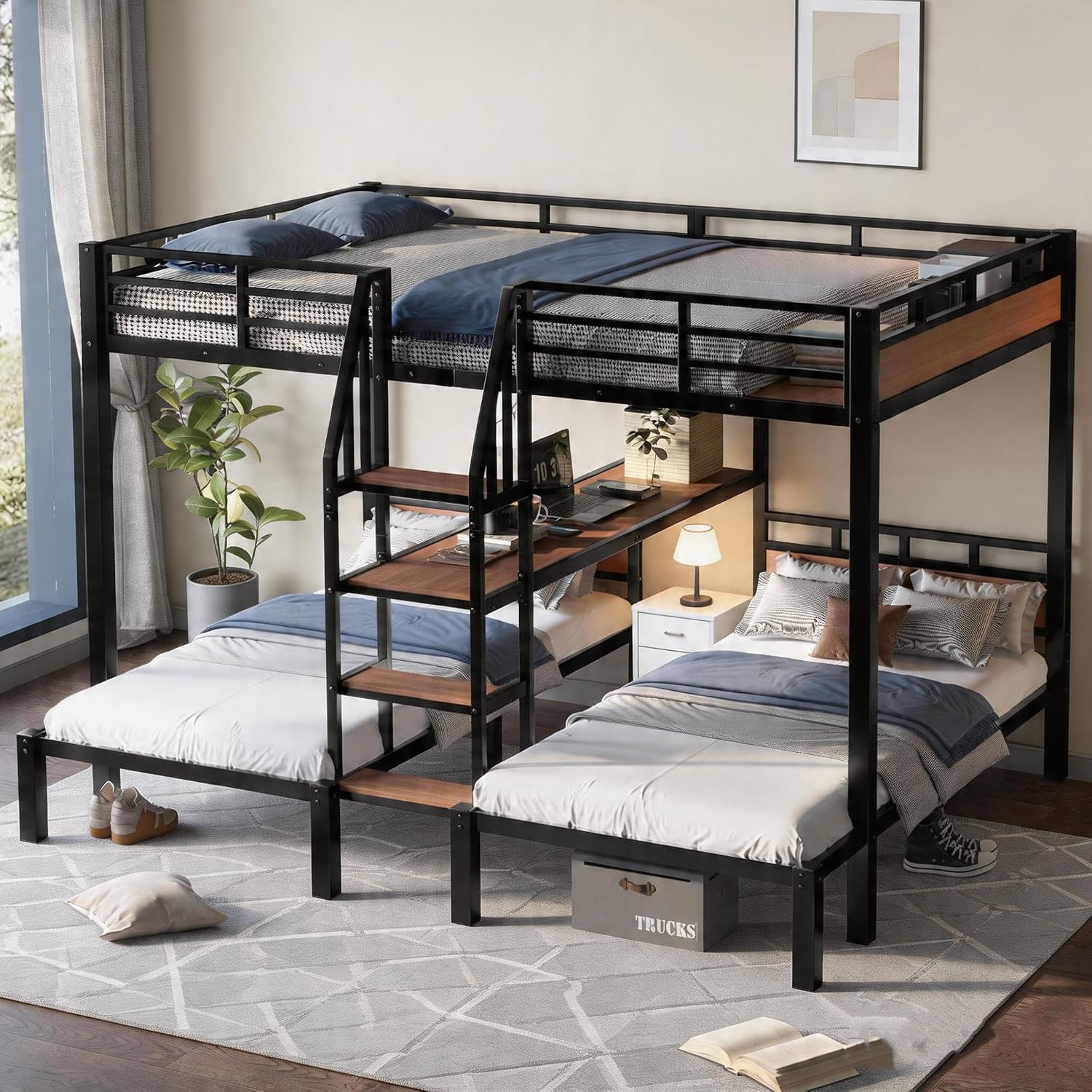 SOFTSEA Twin Size Triple Bunk Bed with Shelf and Storage Stairs, Heavy Duty Triple Bunk Beds with Safety Guardrails, Black