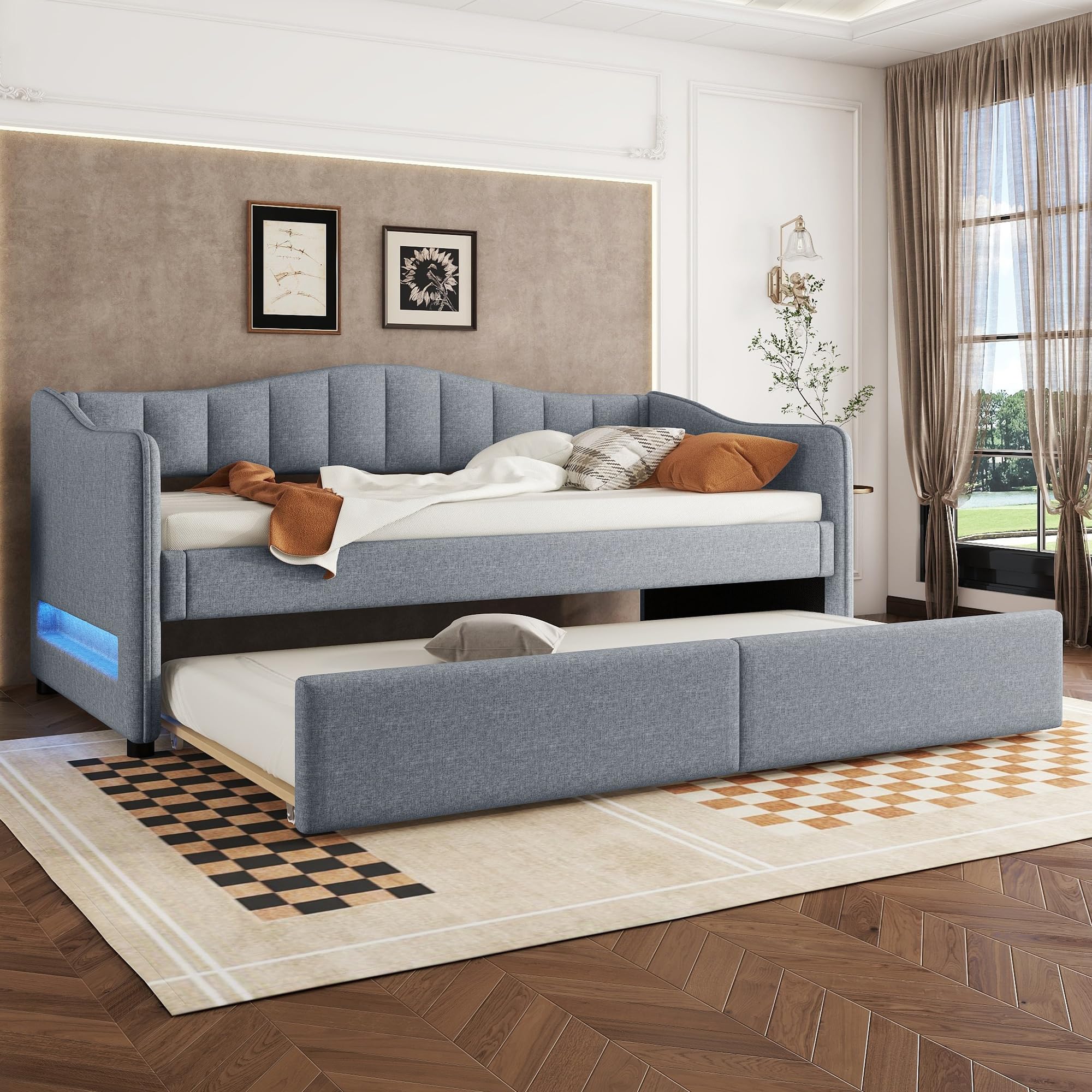 Letto giornaliero con letto estraibile, divano letto, letto singolo (senza materasso), design della luce, in lino, stile minimalista, 90 x 200 cm (grigio)