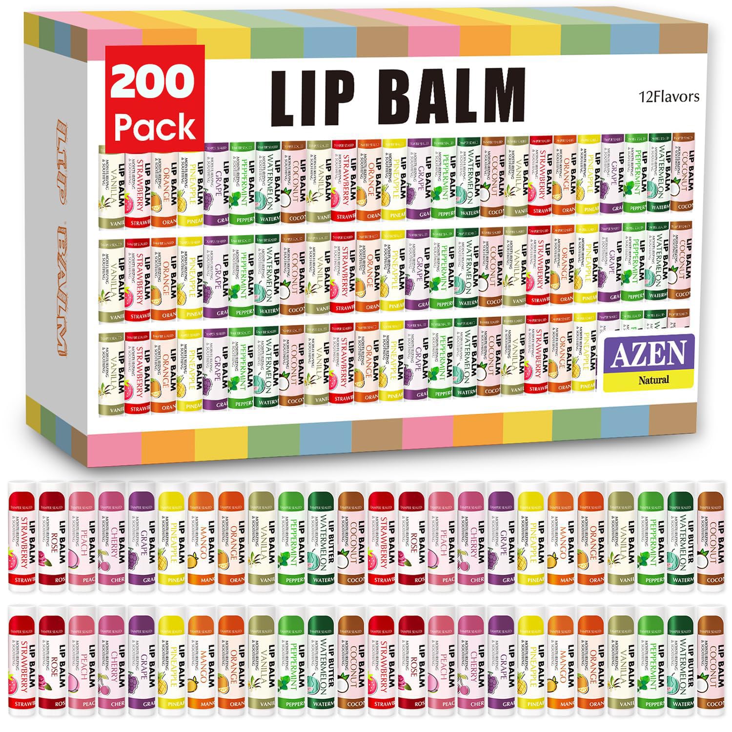 AZEN 200 Pack Lip Balm, Natural Lip Balm Bulk, Lip Care Product, Moisturizing Lip Balms for dry cracked lips, Valentines Gifts Easter Basket Stuffers - 12 Flavors