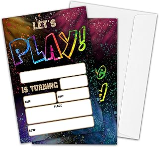 Playground Birthday Party Invitations for Boys or Girls, Let's Play Theme Birthday Parties Supplies Decorations, Neon Glow Fill-in Invites, 4" x 6" Double-sided Cards(20 Invitations and Envelopes)-C03