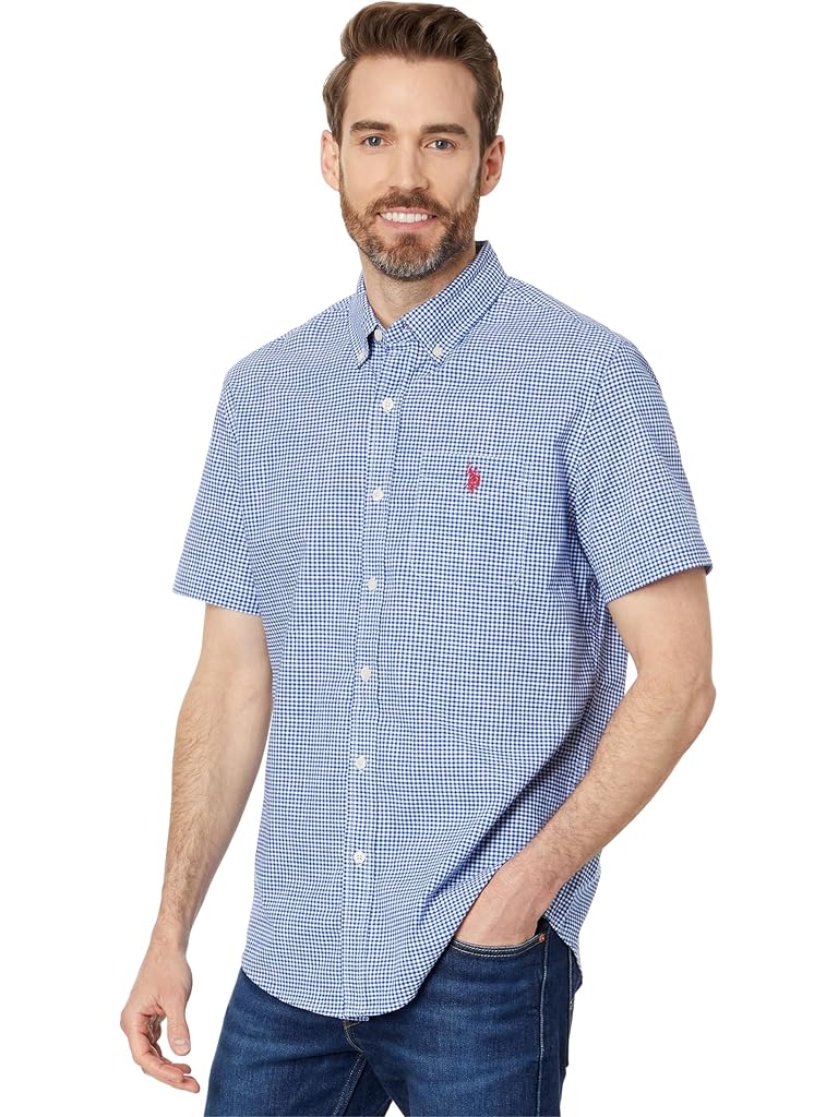 U.S. POLO ASSN. Short Sleeve Classic Fit 1 Pocket Cotton Stretch Yarn Dye Slub Poplin Woven Shirt