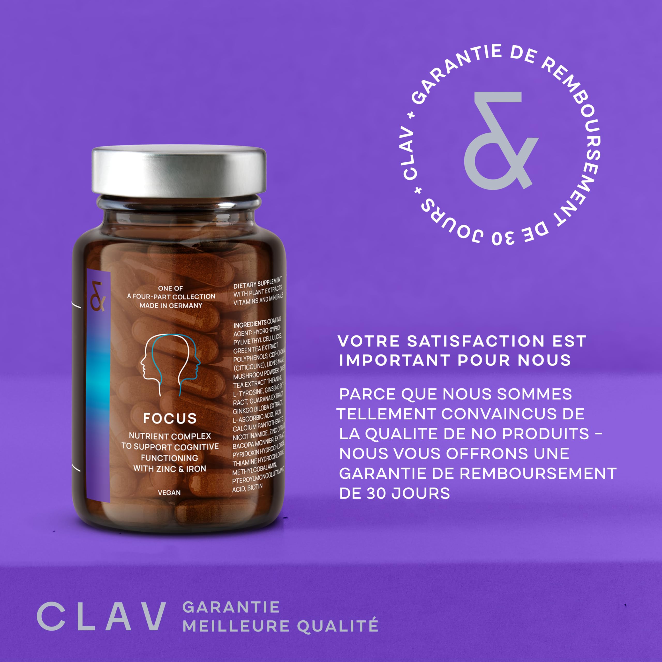 N°4 FOCUS - Supplément Nootropique - Brain Booster améliore la Memoire et Concentration - avec Citicoline + Ginko Biloba + Bacopa Brahmi - 60 Gélules Végan - CLAV Nootropics