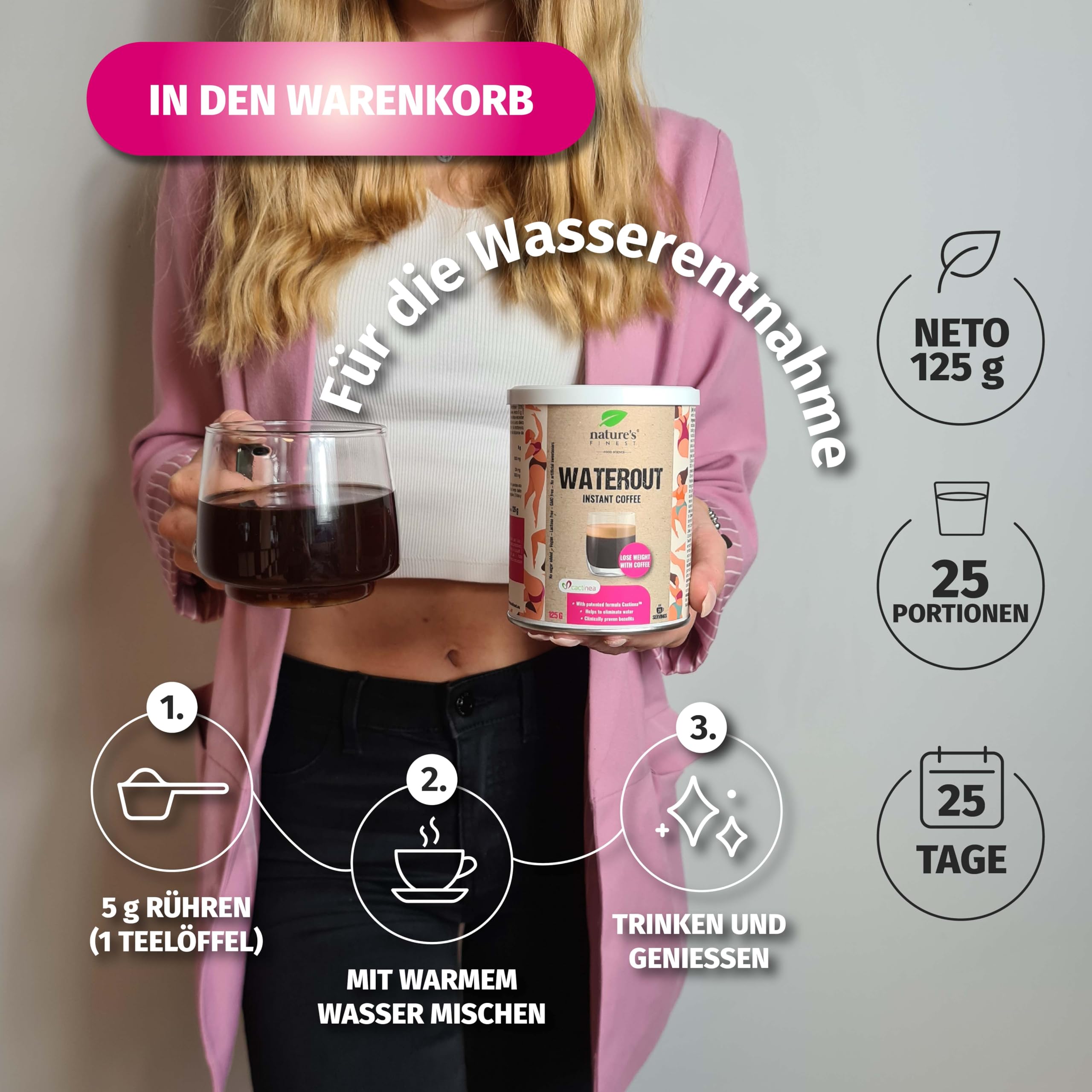 Nature's Finest WaterOut Coffee, Instant-Kaffee 375 g (3er Pack) | Instant-Kaffee (20 % Arabica) mit Cactinea Kaktusfeige - vegan, aromatisch, in Sekunden zubereitet