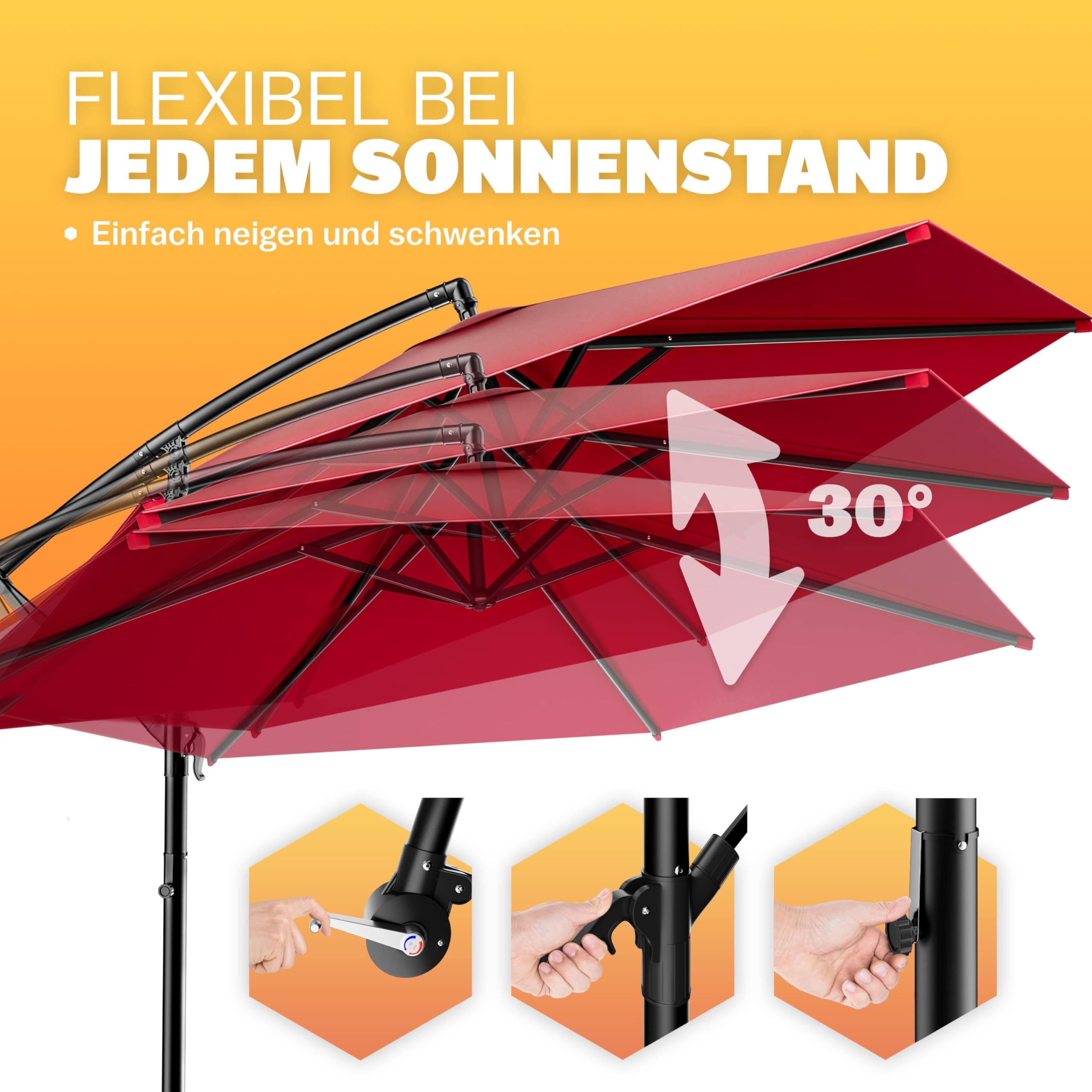 Kingsleeve® Sonnenschirm UV Schutz 80+ Ø 300 cm Groß mit Ständer Schutzhülle Windsicherung Windfest Neigbar Rund Kurbel Garten Balkon Ampelschirm Rot