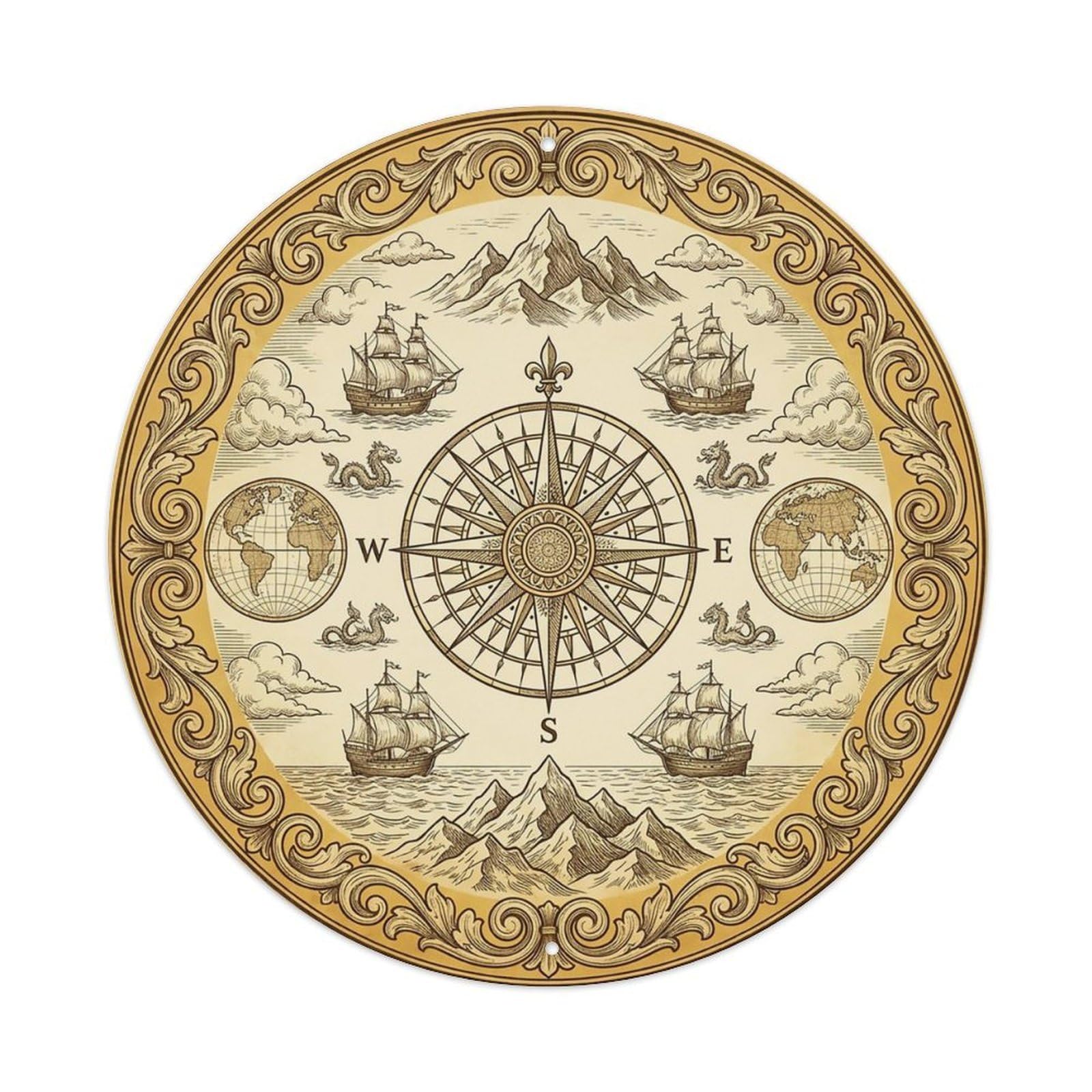 Vintage Nautical Compass World Map Oceanfront Path Metal Tin Sign